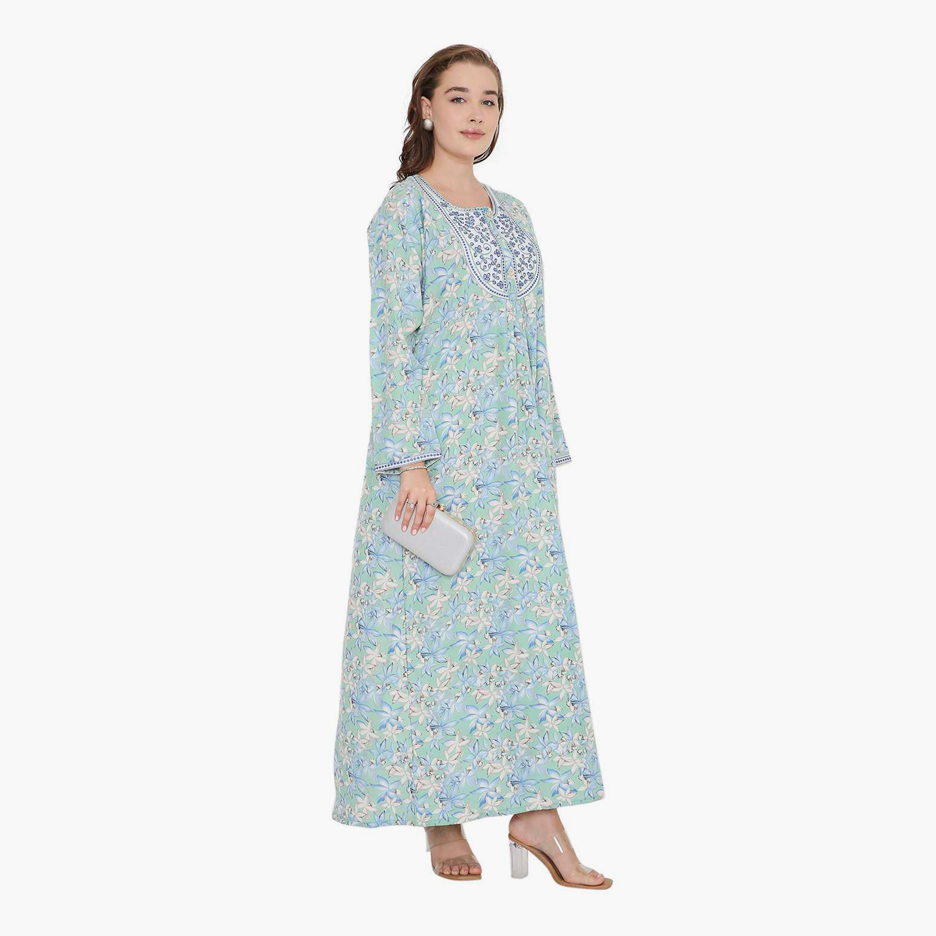 HanaandSara Floral Print & Embroidered Yoke Women's Jalabiya-women-arabicclothing-jalabiyas-image-8