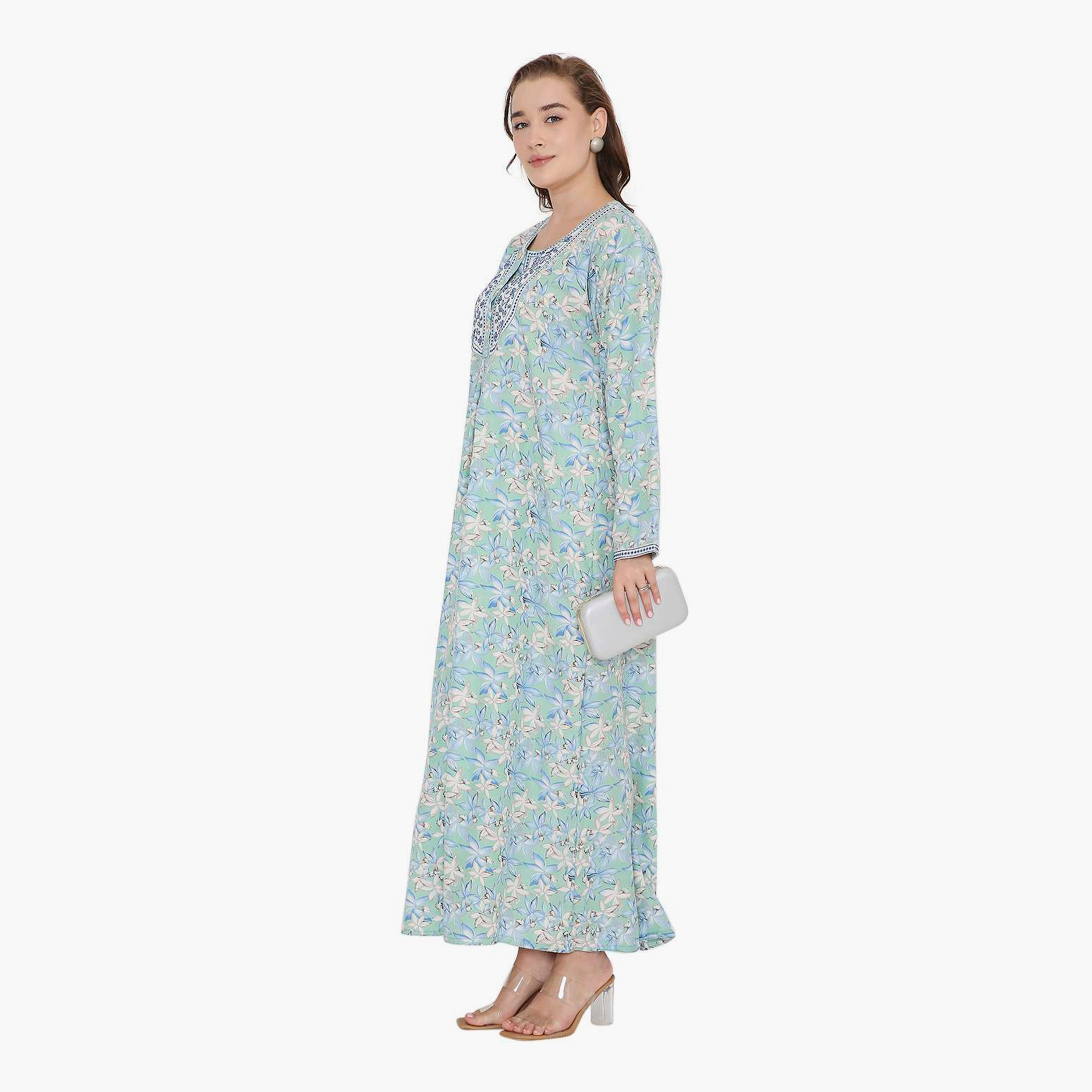 HanaandSara Floral Print & Embroidered Yoke Women's Jalabiya-women-arabicclothing-jalabiyas-image-9