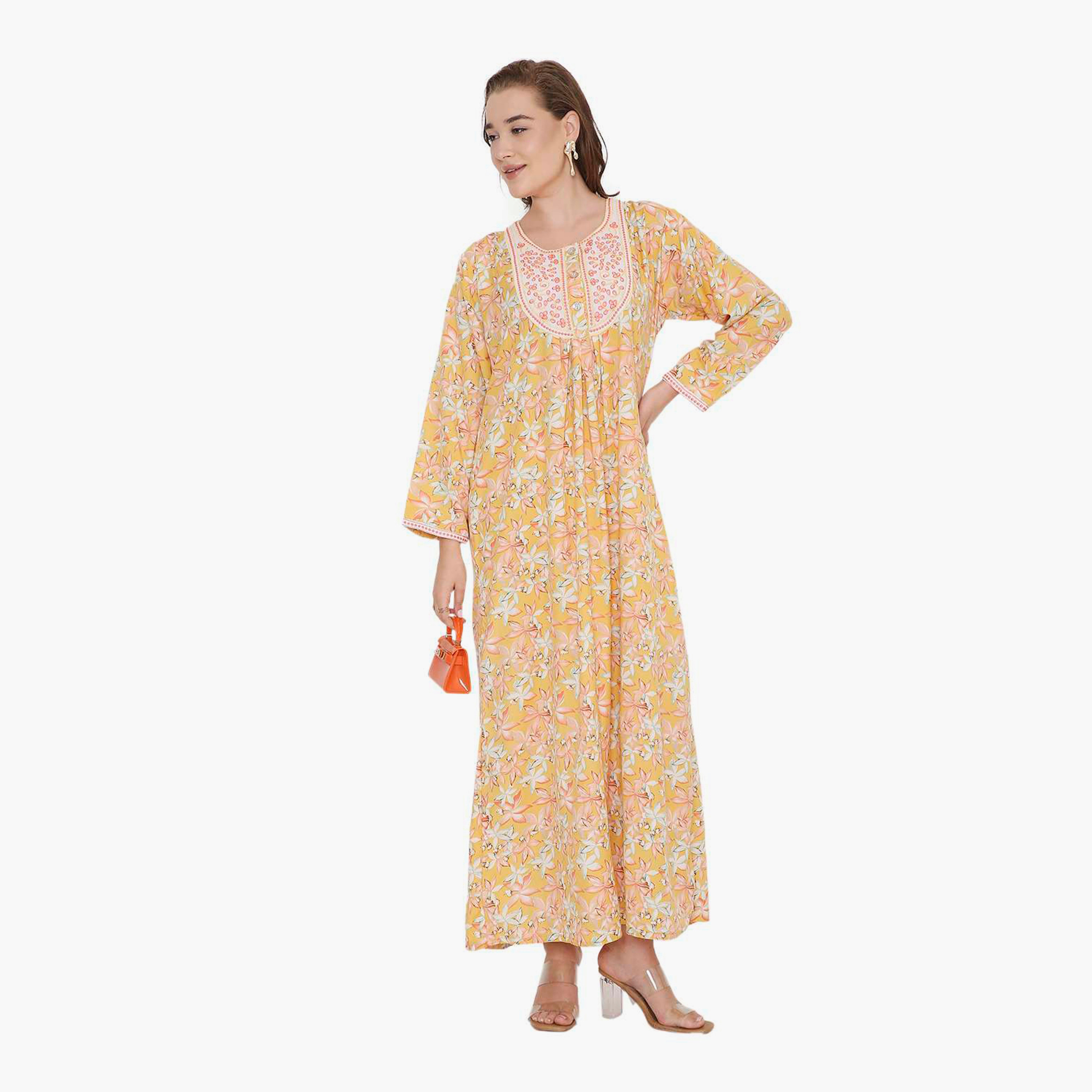HanaandSara Floral Print & Embroidered Yoke Women's Jalabiya-women-arabicclothing-jalabiyas-image-11