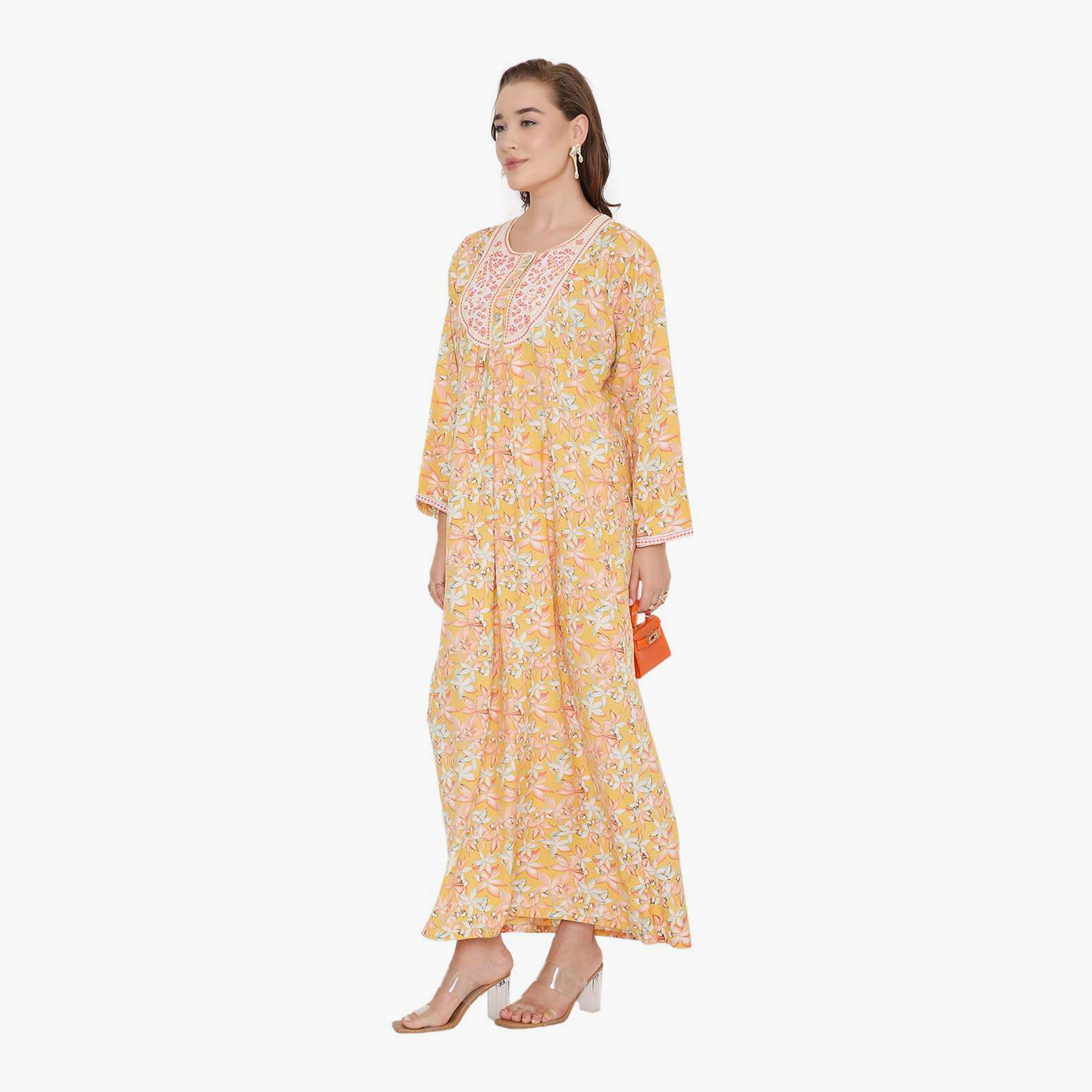 HanaandSara Floral Print & Embroidered Yoke Women's Jalabiya-women-arabicclothing-jalabiyas-image-14
