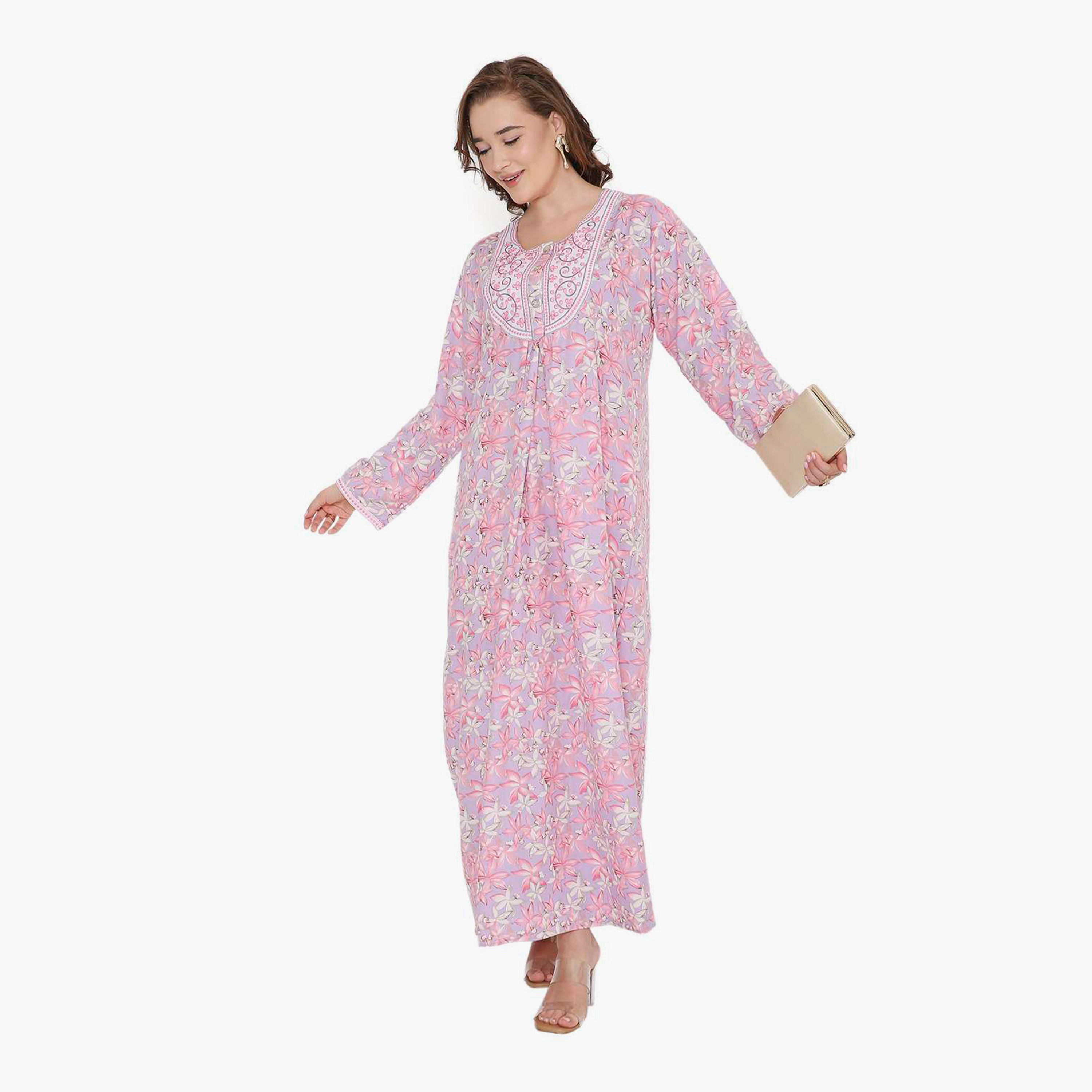 جلابية نسائية بطبعة زهور وصدرية مطرزة من هنا أند سارة-women-arabicclothing-jalabiyas-image-1