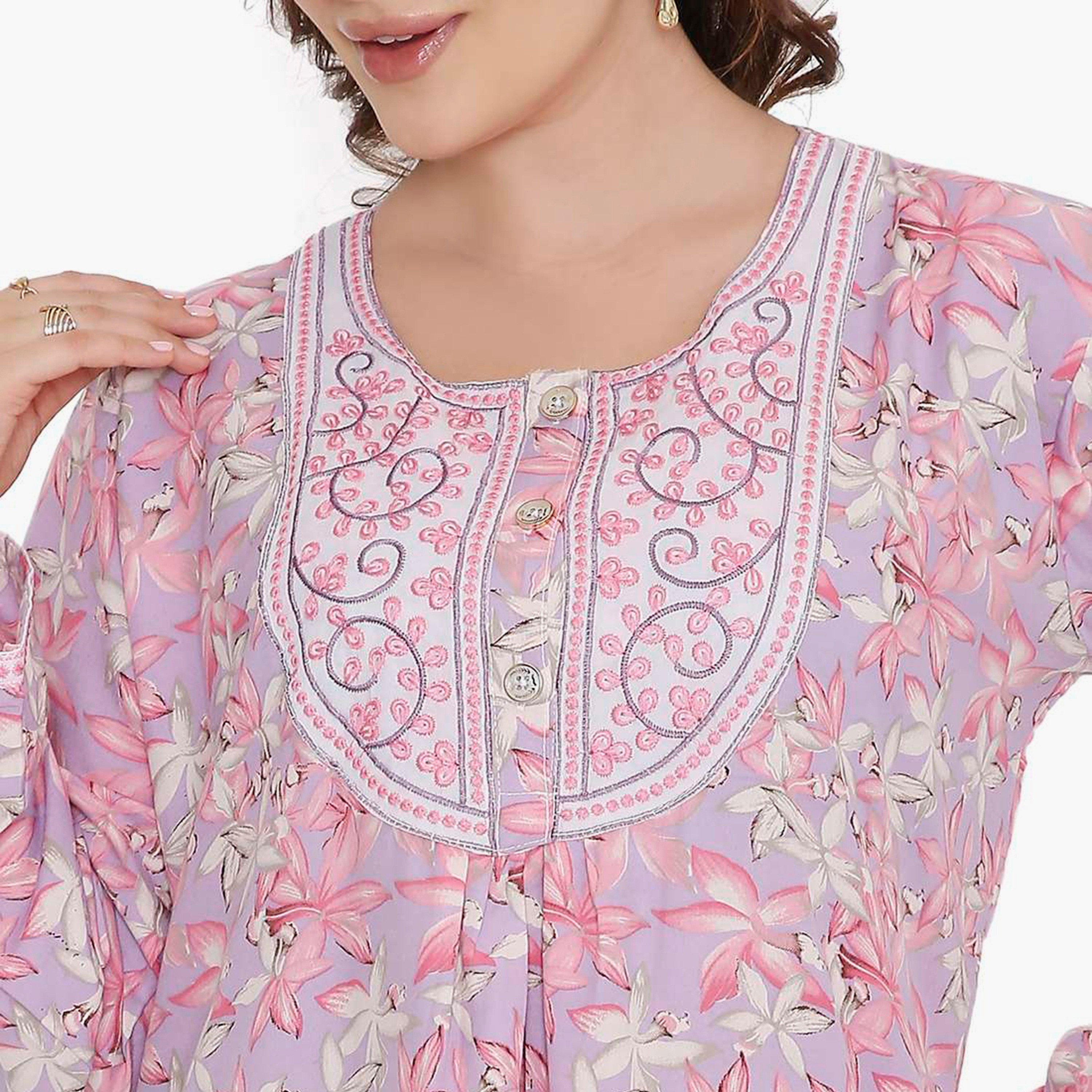 HanaandSara Floral Print & Embroidered Yoke Women's Jalabiya-women-arabicclothing-jalabiyas-image-2