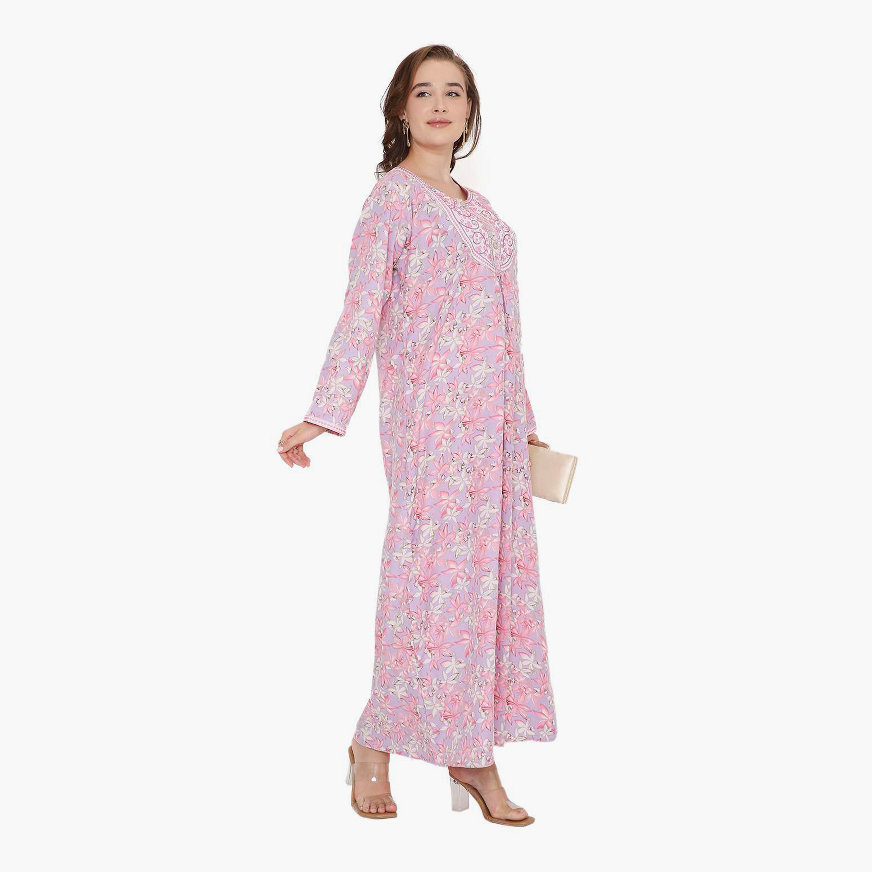HanaandSara Floral Print & Embroidered Yoke Women's Jalabiya-women-arabicclothing-jalabiyas-image-3