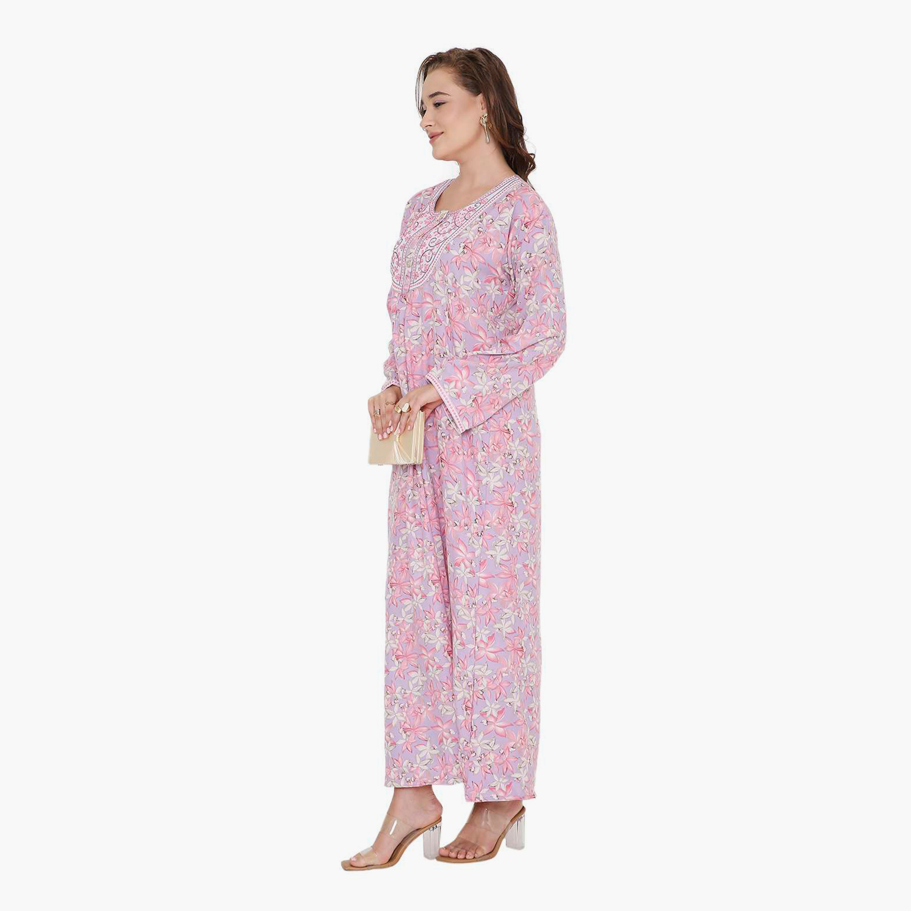 HanaandSara Floral Print & Embroidered Yoke Women's Jalabiya-women-arabicclothing-jalabiyas-image-4