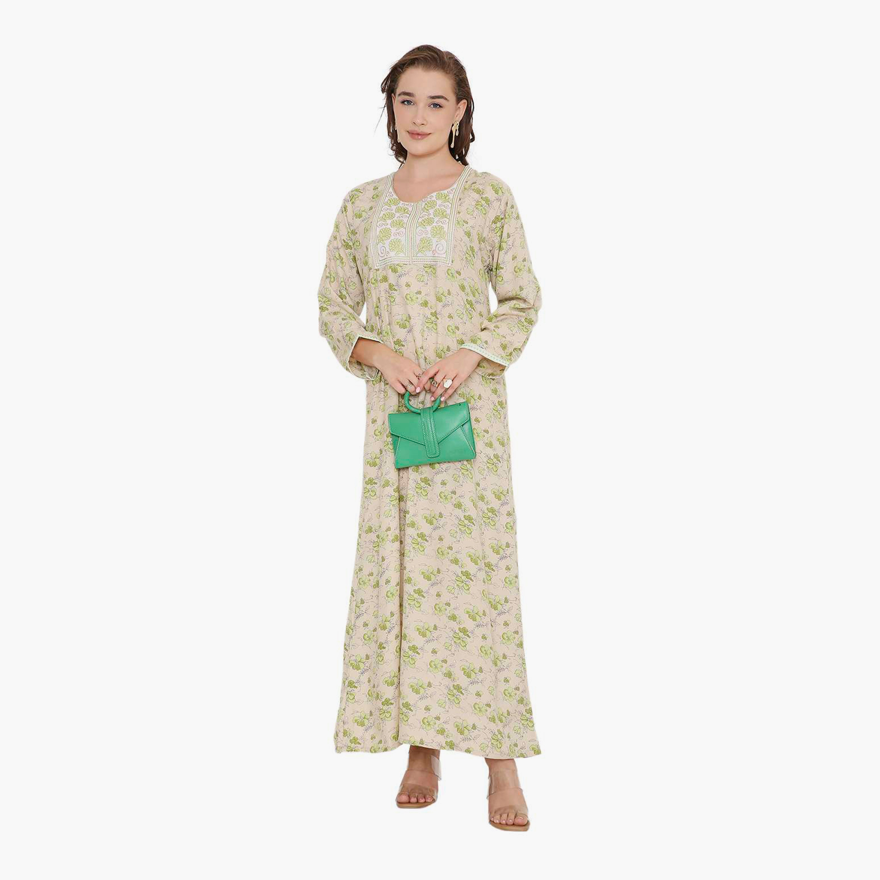 HanaandSara Floral Print & Embroidered Yoke Women's Jalabiya-women-arabicclothing-jalabiyas-image-11