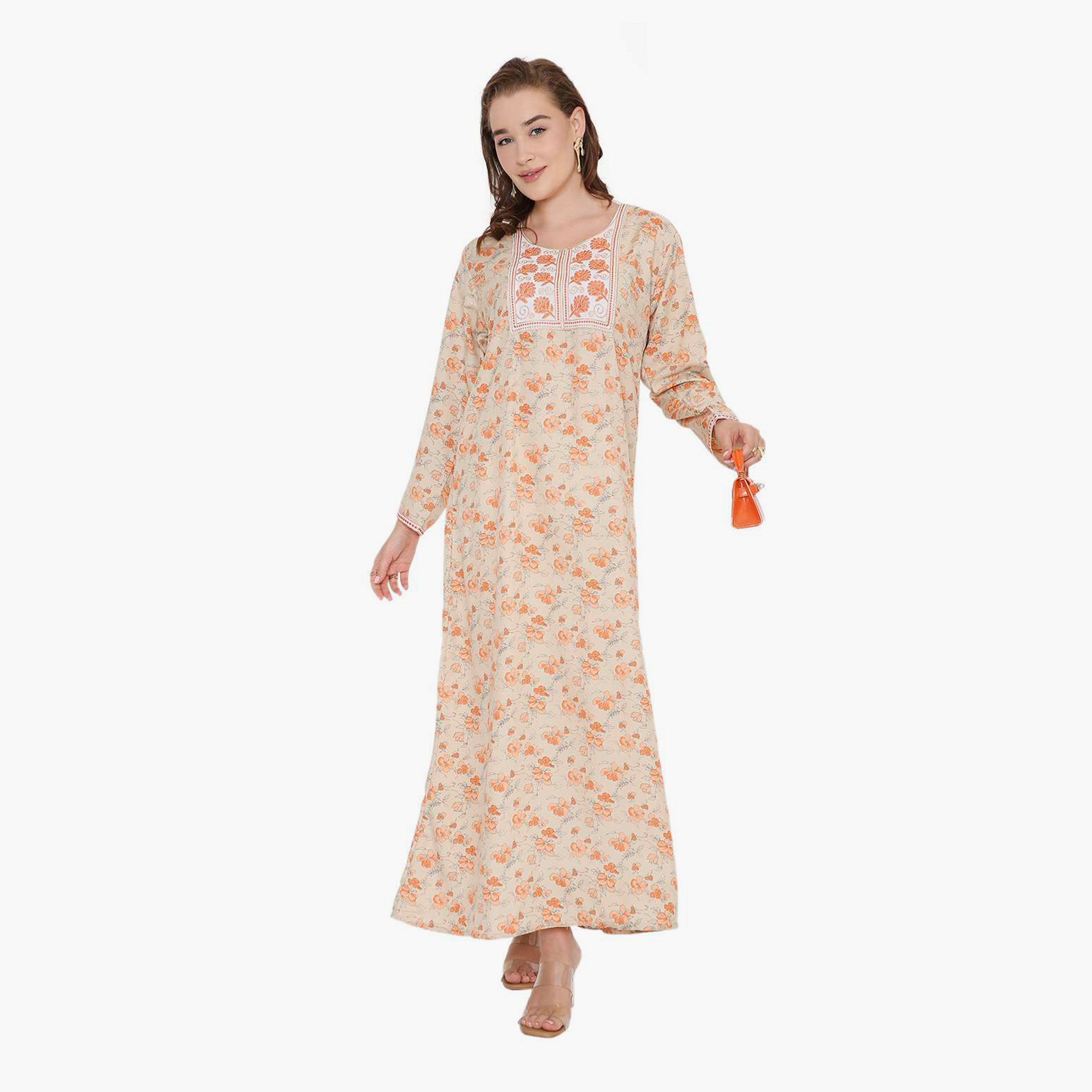 HanaandSara Floral Print & Embroidered Yoke Women's Jalabiya-women-arabicclothing-jalabiyas-image-6