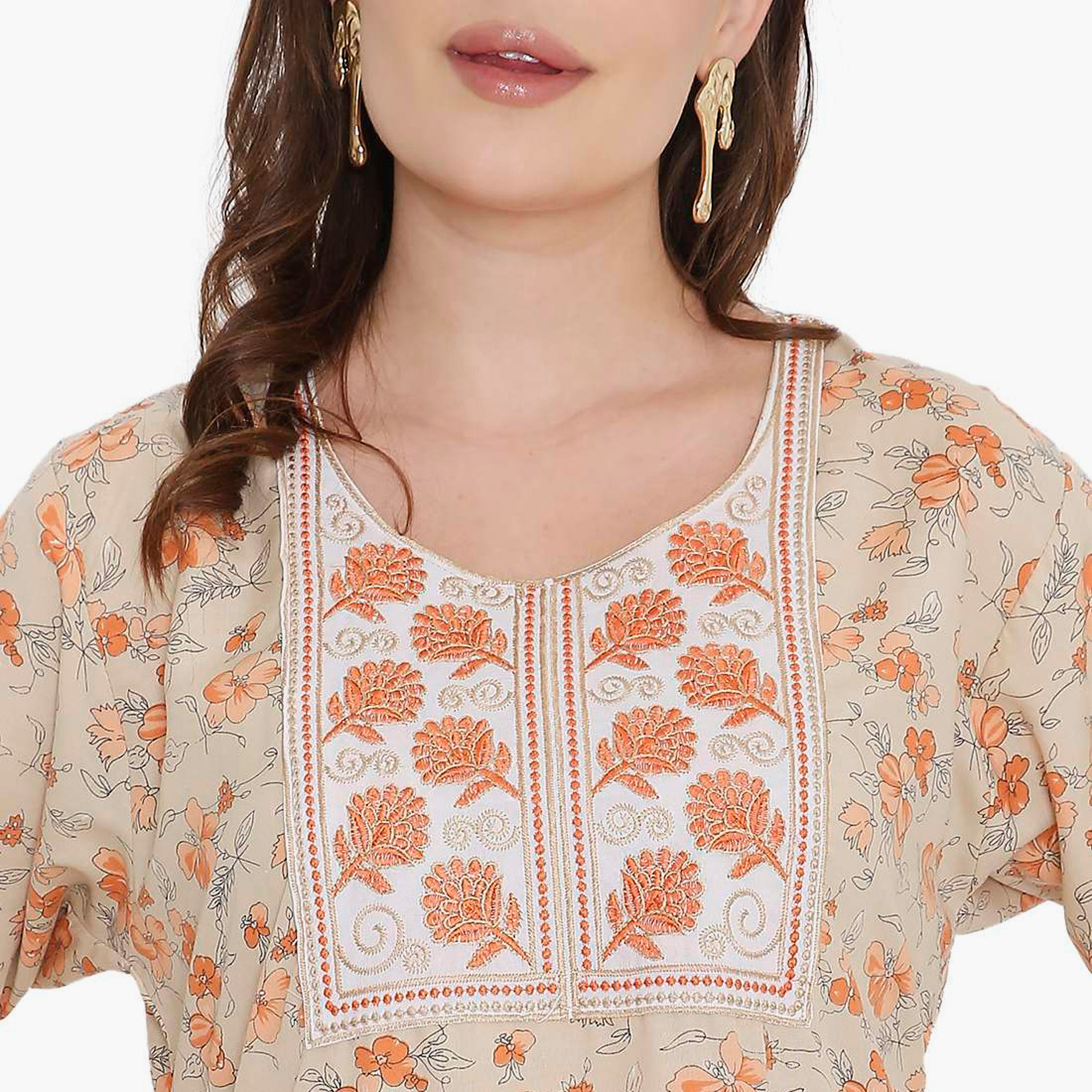 HanaandSara Floral Print & Embroidered Yoke Women's Jalabiya-women-arabicclothing-jalabiyas-image-7