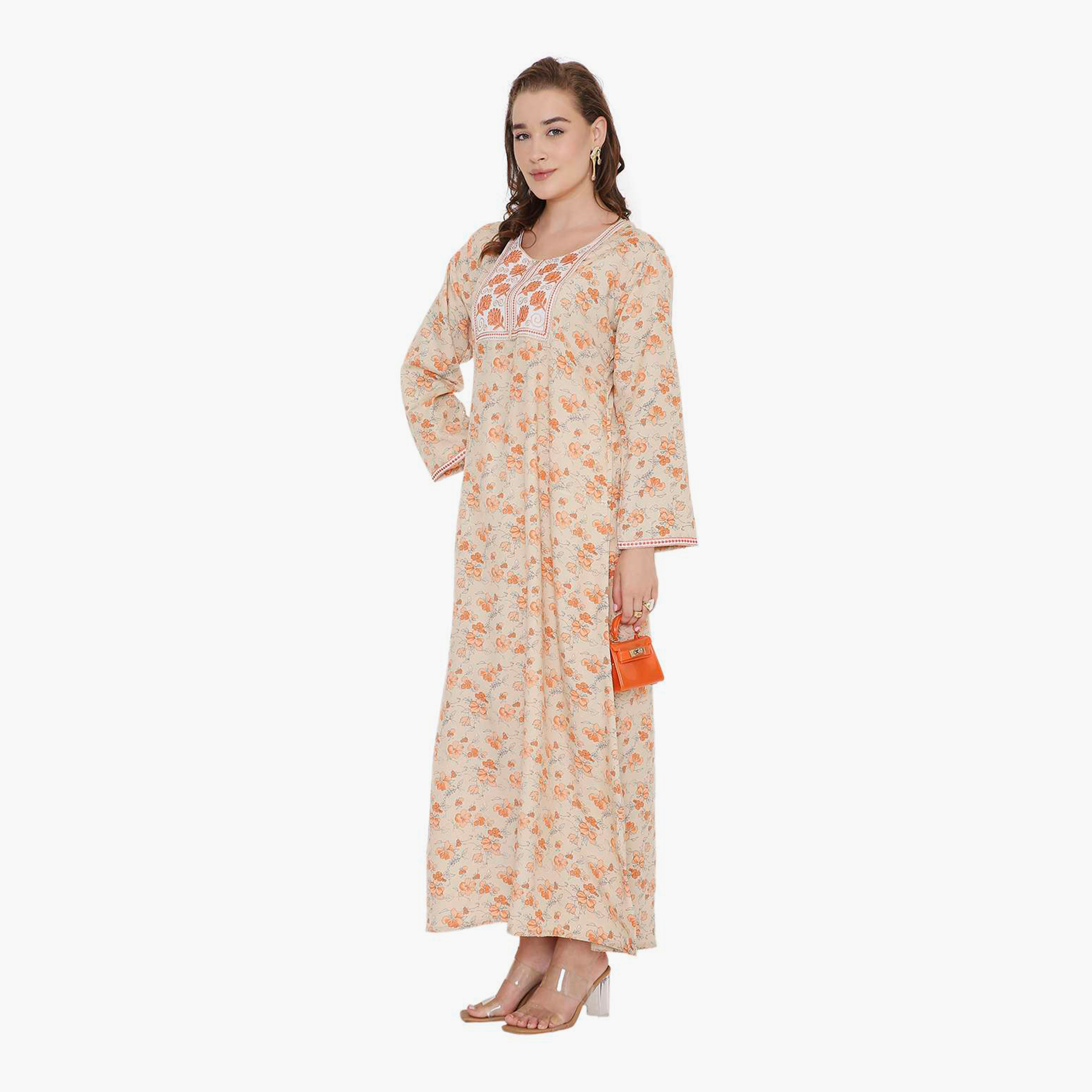 HanaandSara Floral Print & Embroidered Yoke Women's Jalabiya-women-arabicclothing-jalabiyas-image-9