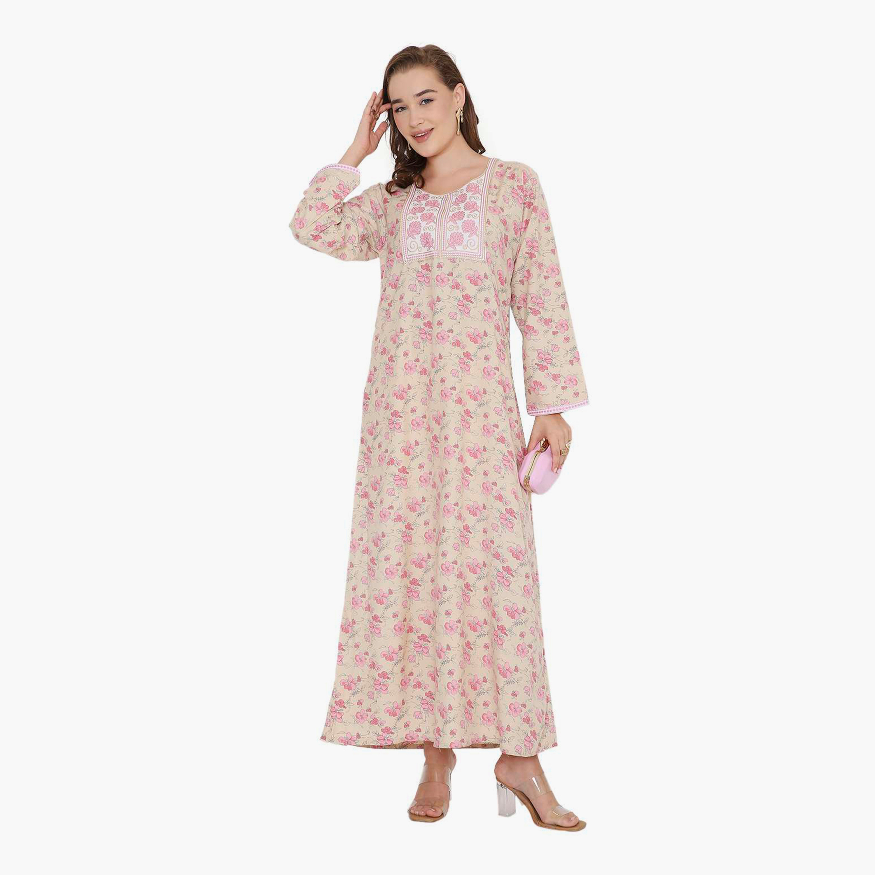 HanaandSara Floral Print & Embroidered Yoke Women's Jalabiya-women-arabicclothing-jalabiyas-image-1