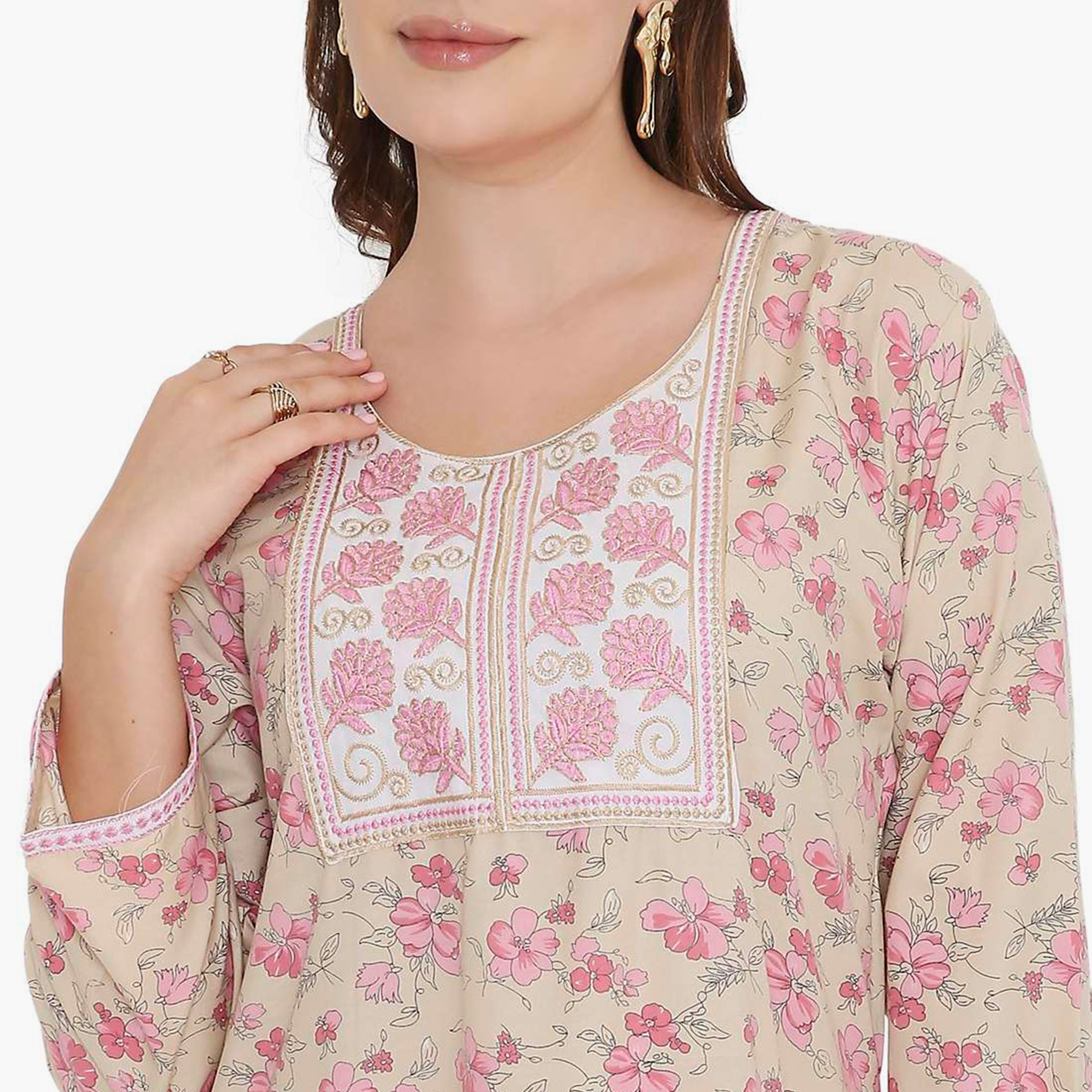 جلابية نسائية بطبعة زهور وصدرية مطرزة من هنا أند سارة-women-arabicclothing-jalabiyas-image-2