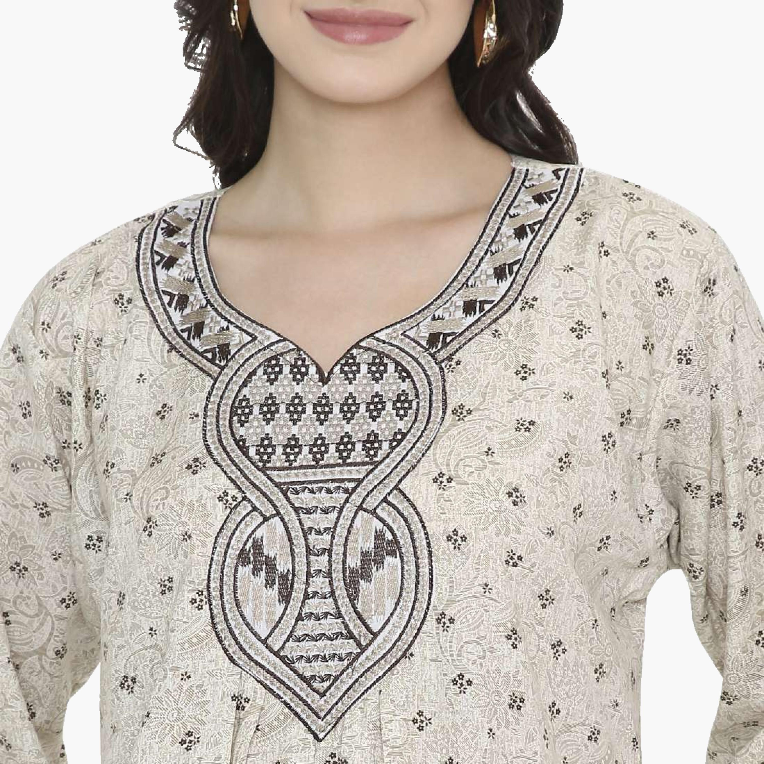 جلابية نسائية بياقة على شكل فتحة وطبعات ورود وأشكال هندسية من هانا اند سارة-women-arabicclothing-jalabiyas-image-2