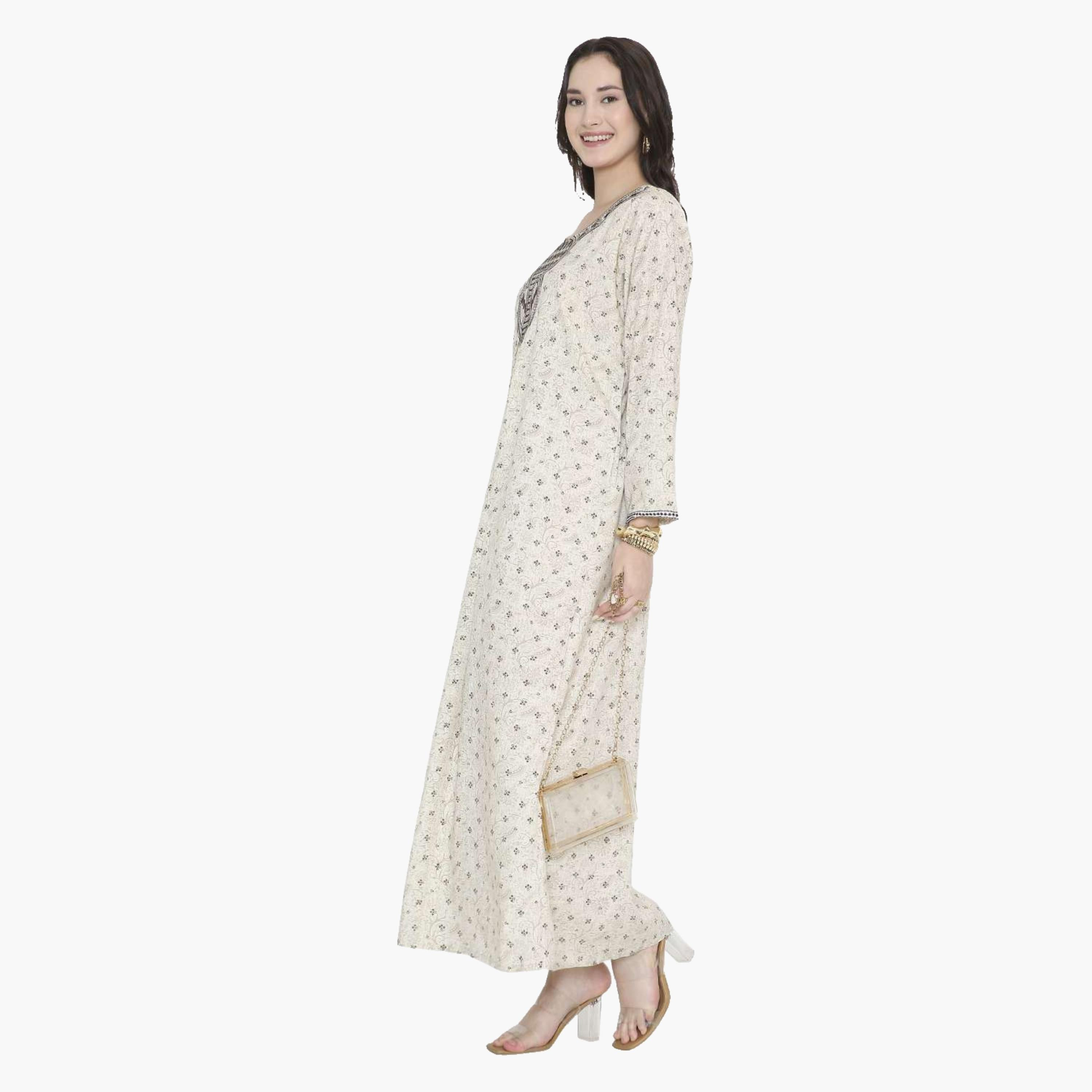 جلابية نسائية بياقة على شكل فتحة وطبعات ورود وأشكال هندسية من هانا اند سارة-women-arabicclothing-jalabiyas-image-4