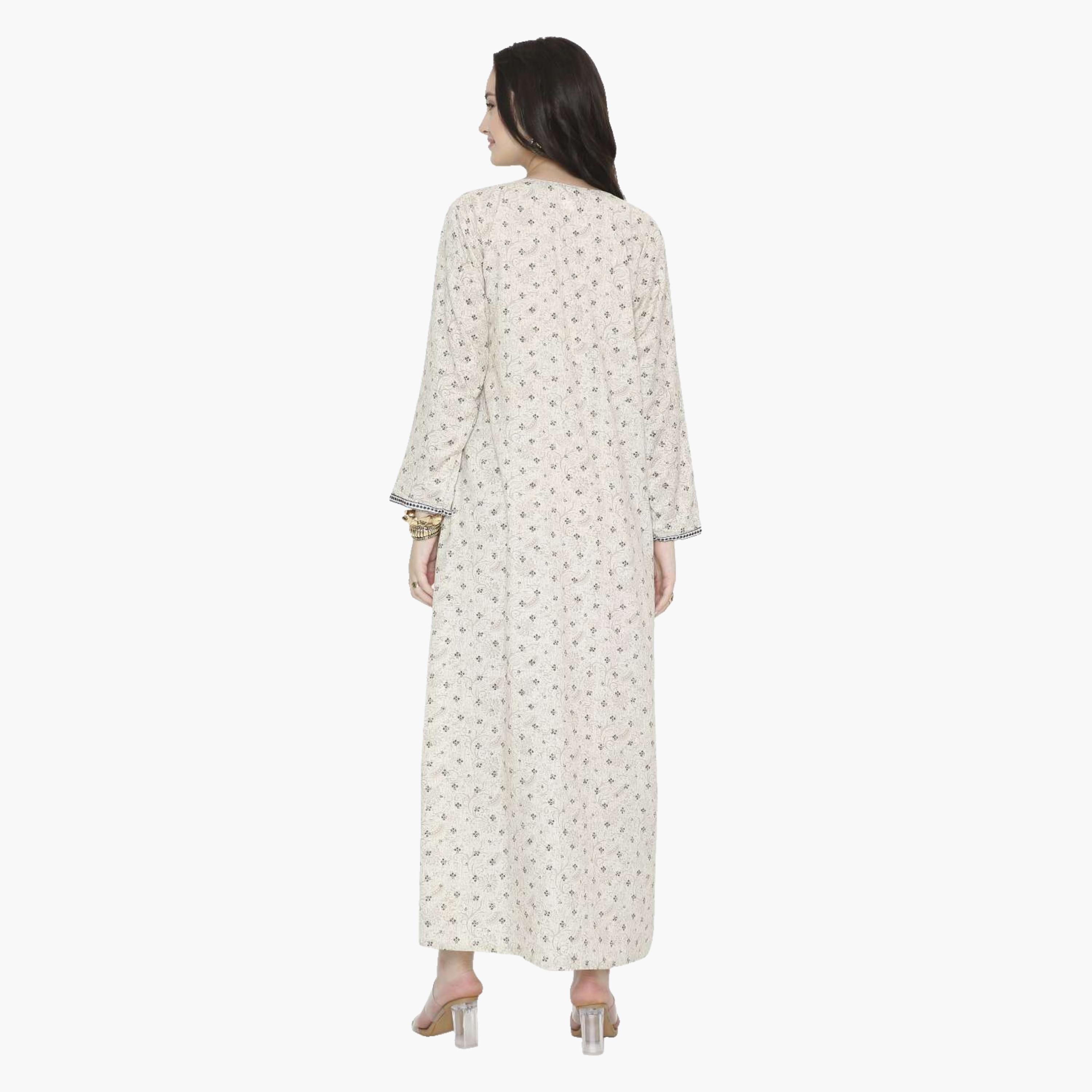 جلابية نسائية بياقة على شكل فتحة وطبعات ورود وأشكال هندسية من هانا اند سارة-women-arabicclothing-jalabiyas-image-5