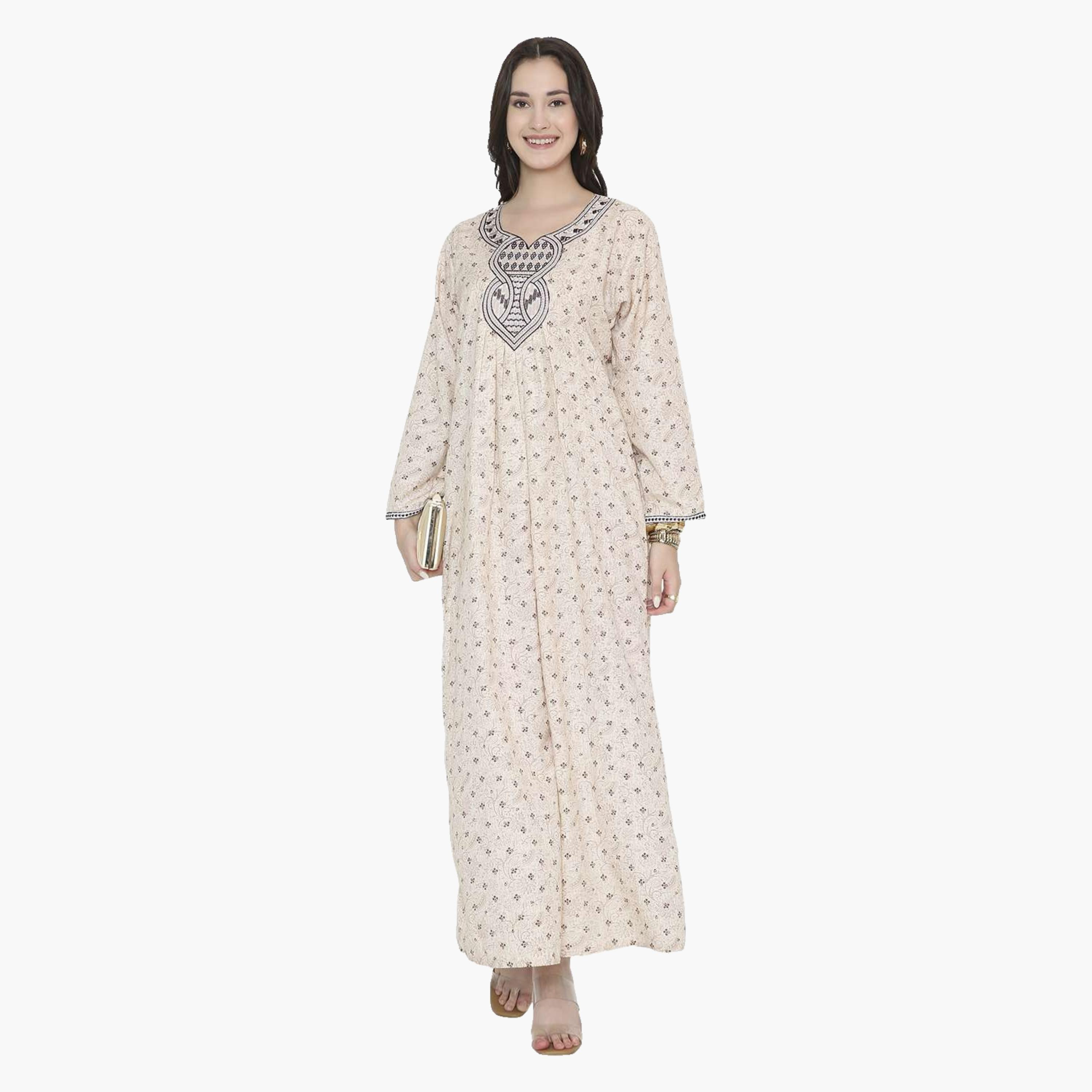 جلابية نسائية بياقة على شكل فتحة وطبعات ورود وأشكال هندسية من هانا اند سارة-women-arabicclothing-jalabiyas-image-6
