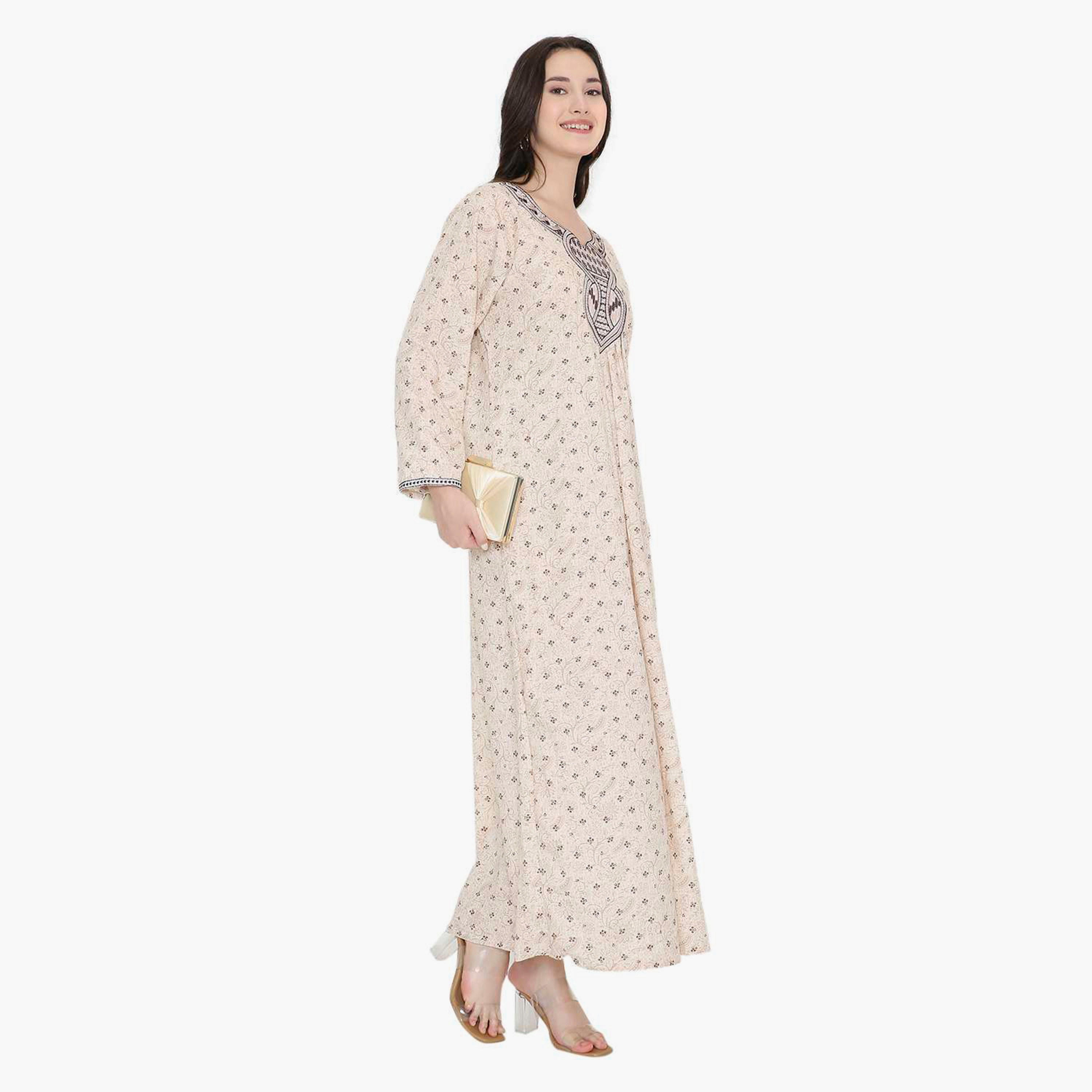 جلابية نسائية بياقة على شكل فتحة وطبعات ورود وأشكال هندسية من هانا اند سارة-women-arabicclothing-jalabiyas-image-8