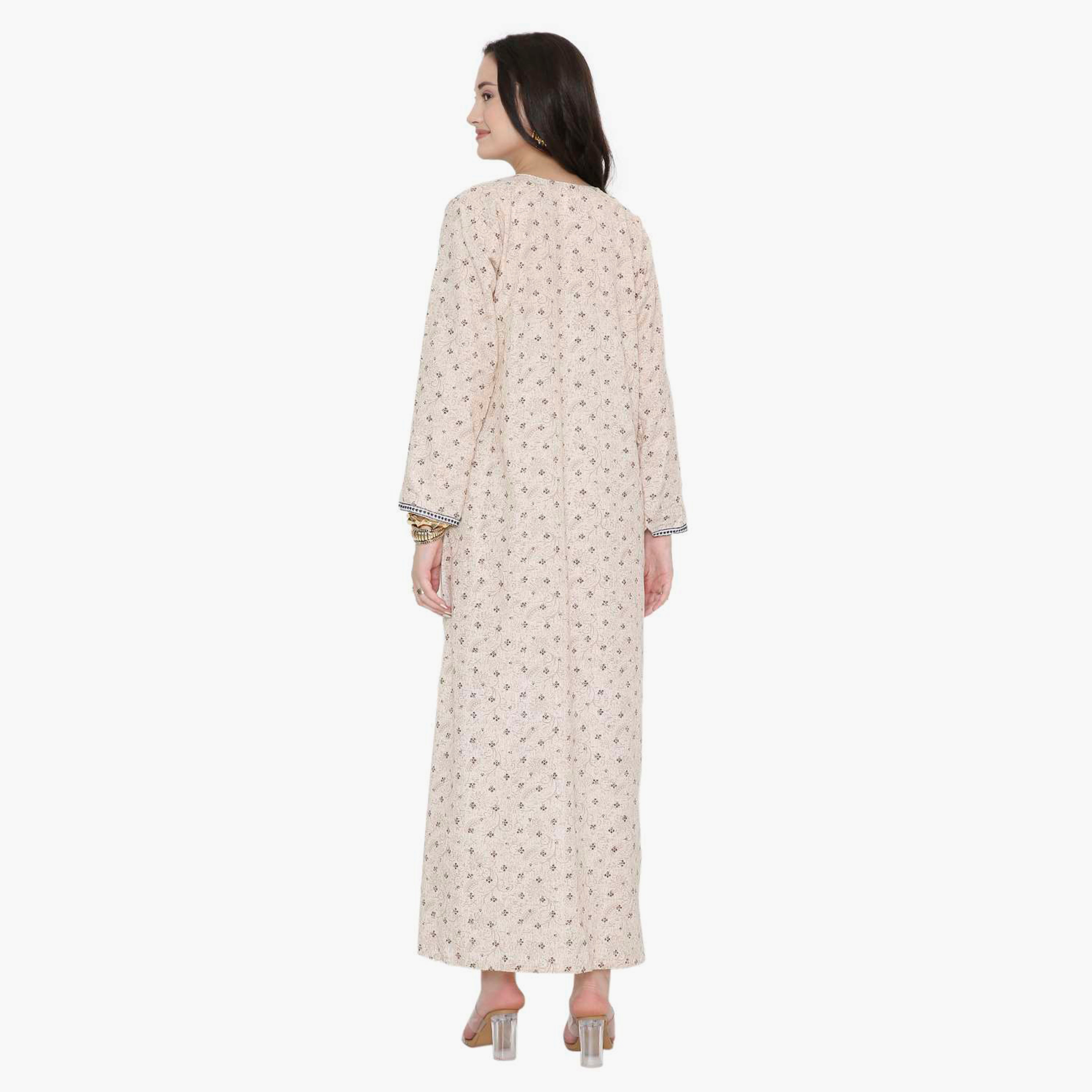 جلابية نسائية بياقة على شكل فتحة وطبعات ورود وأشكال هندسية من هانا اند سارة-women-arabicclothing-jalabiyas-image-10
