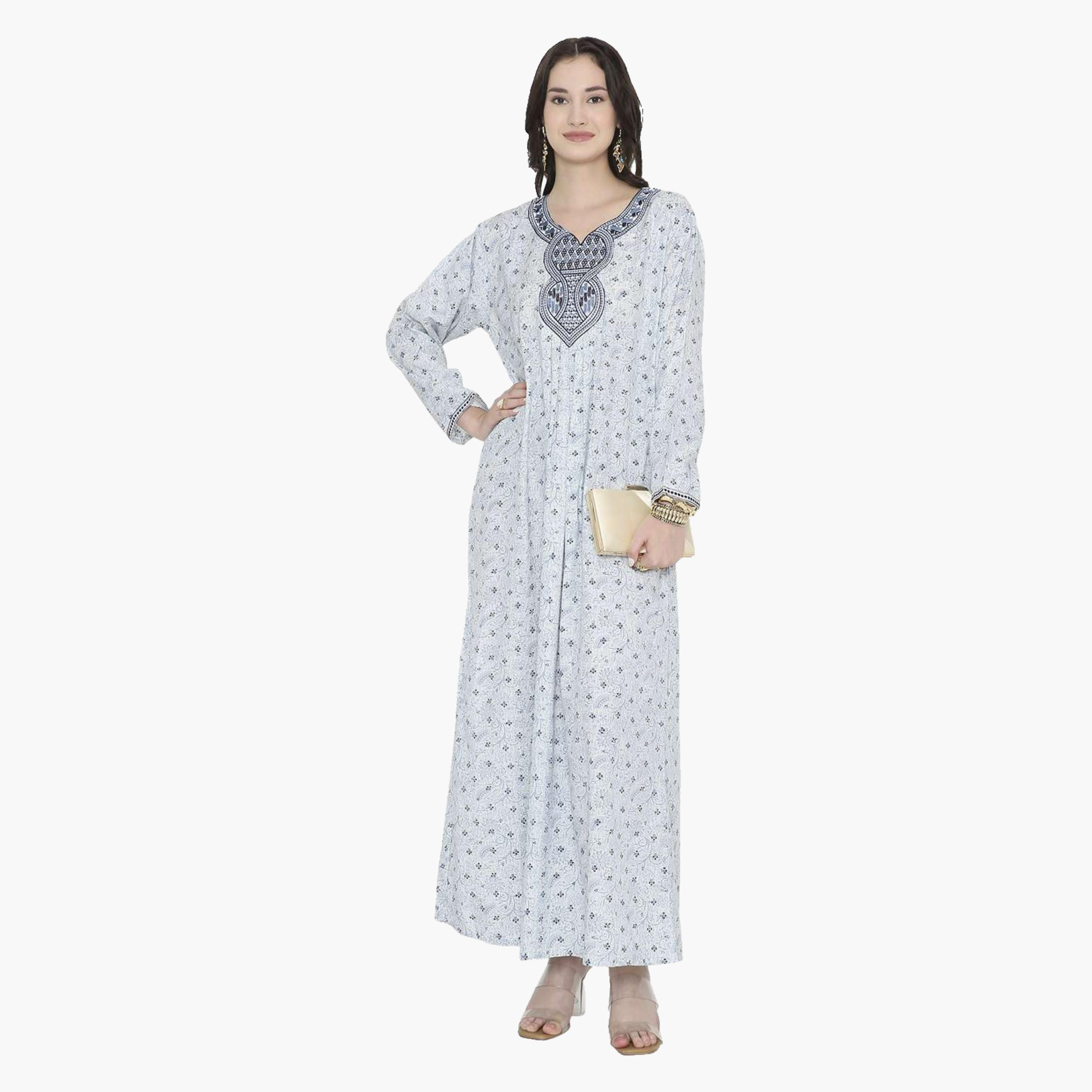 جلابية نسائية بياقة على شكل فتحة وطبعات ورود وأشكال هندسية من هانا اند سارة-women-arabicclothing-jalabiyas-image-11