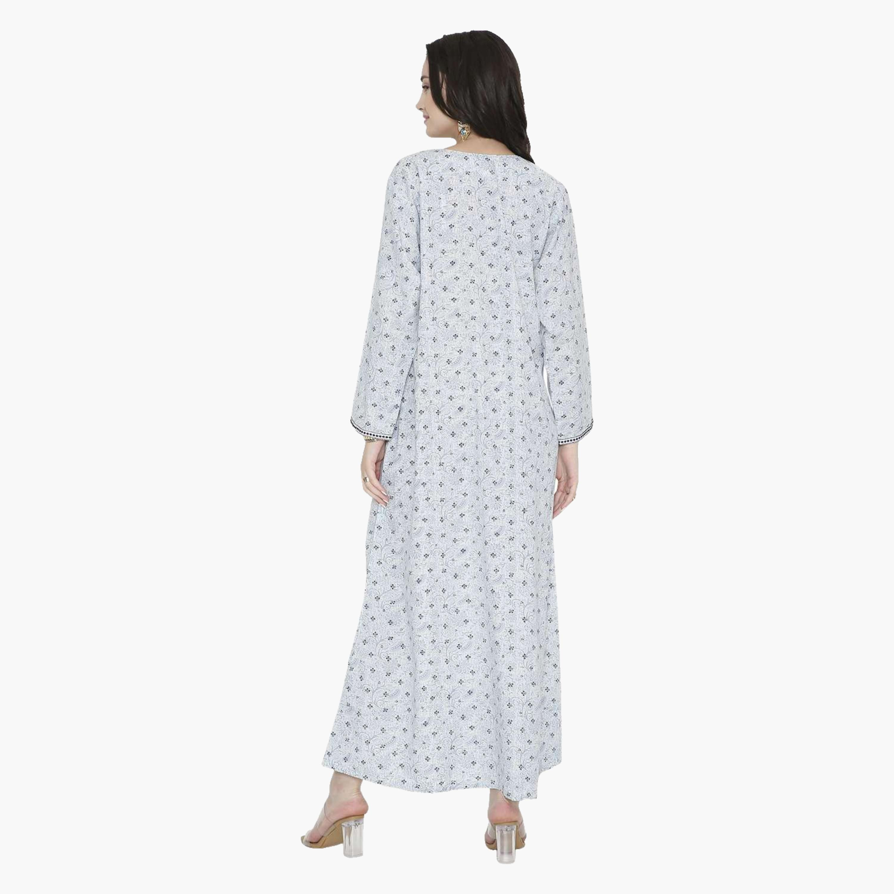 جلابية نسائية بياقة على شكل فتحة وطبعات ورود وأشكال هندسية من هانا اند سارة-women-arabicclothing-jalabiyas-image-15