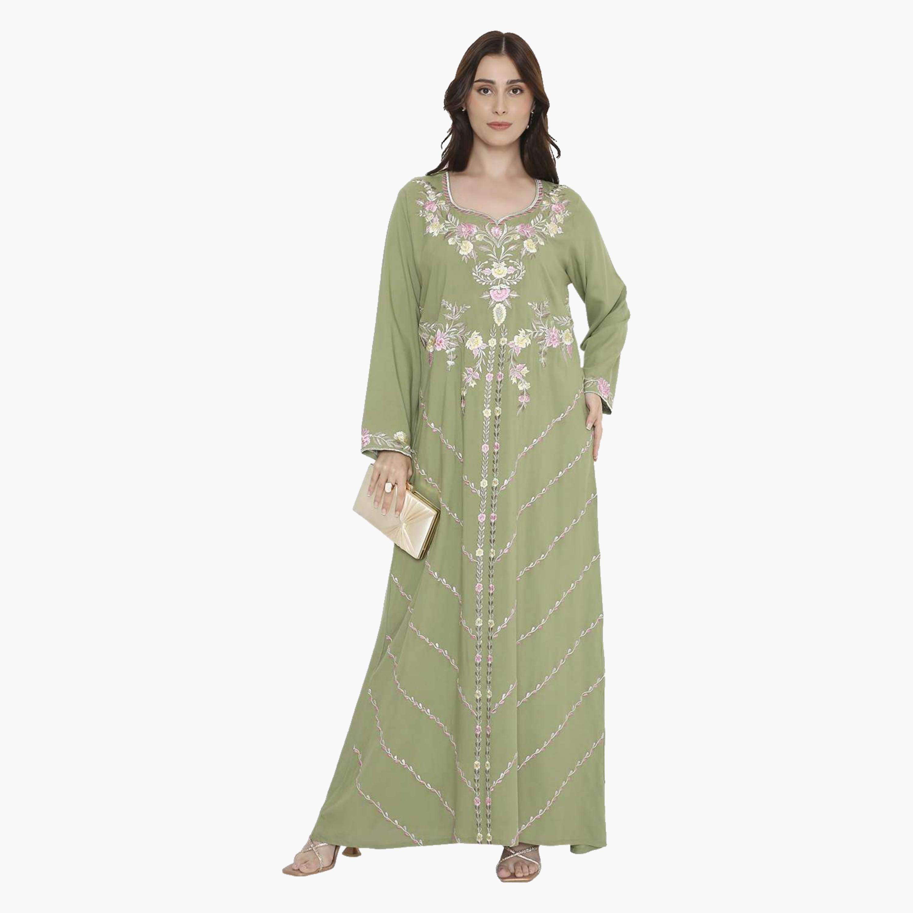 HanaandSara Floral Embroidered Notched Neck Women's Evening Jalabiya-women-arabicclothing-jalabiyas-image-1