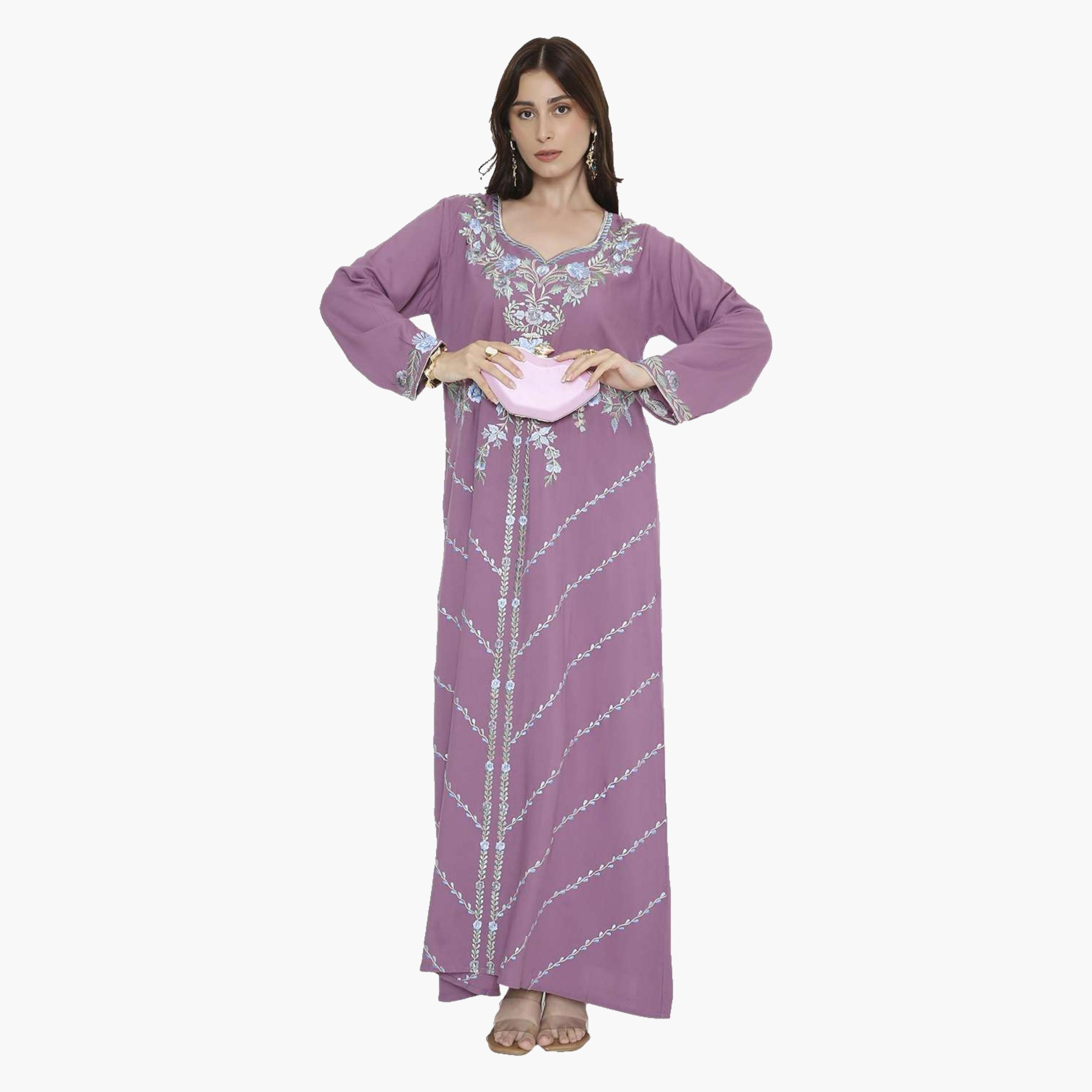 جلابية سهرة نسائية مطرزة بالورود بياقة على شكل فتحة من هانا اند سارة-women-arabicclothing-jalabiyas-image-6