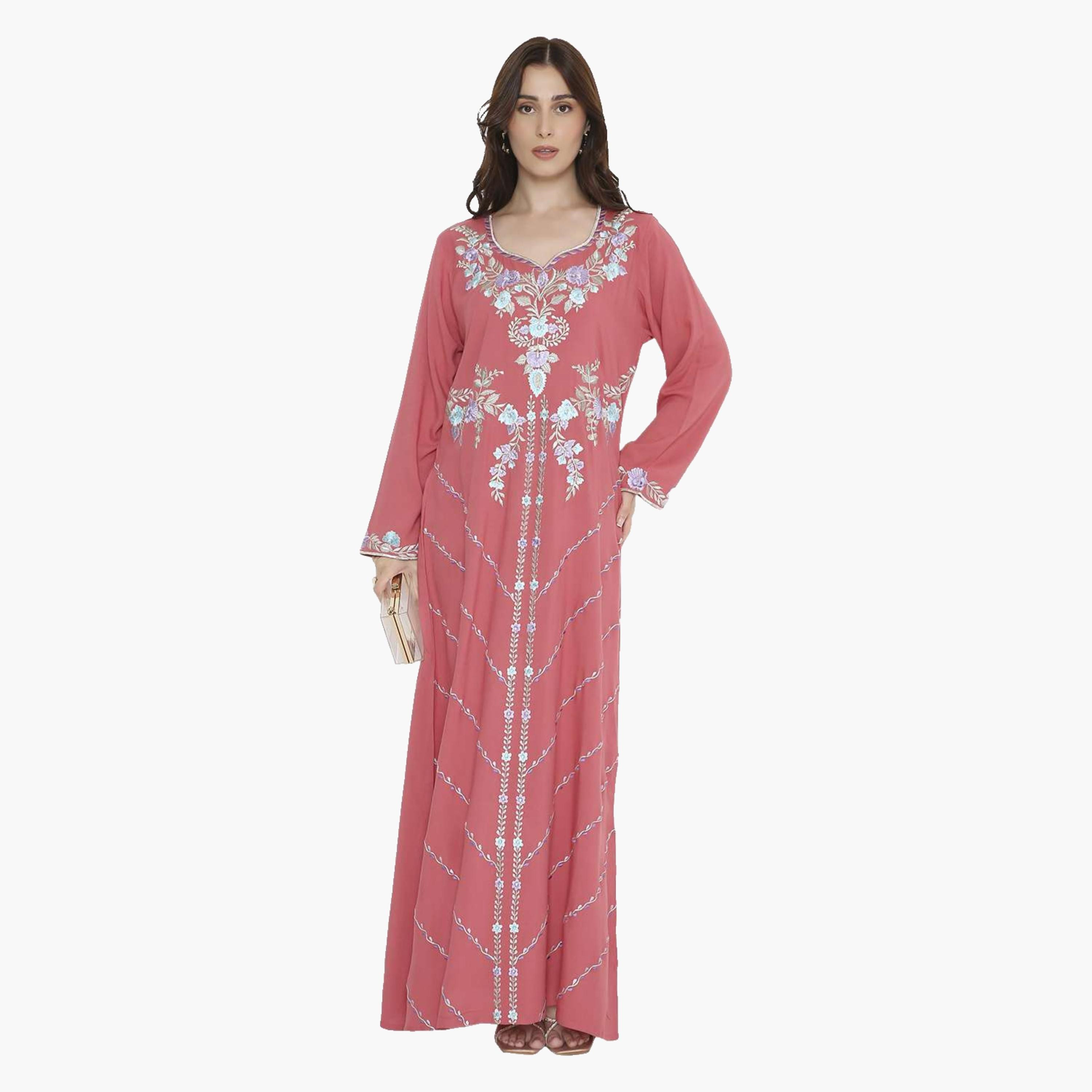جلابية سهرة نسائية مطرزة بالورود بياقة على شكل فتحة من هانا اند سارة-women-arabicclothing-jalabiyas-image-11