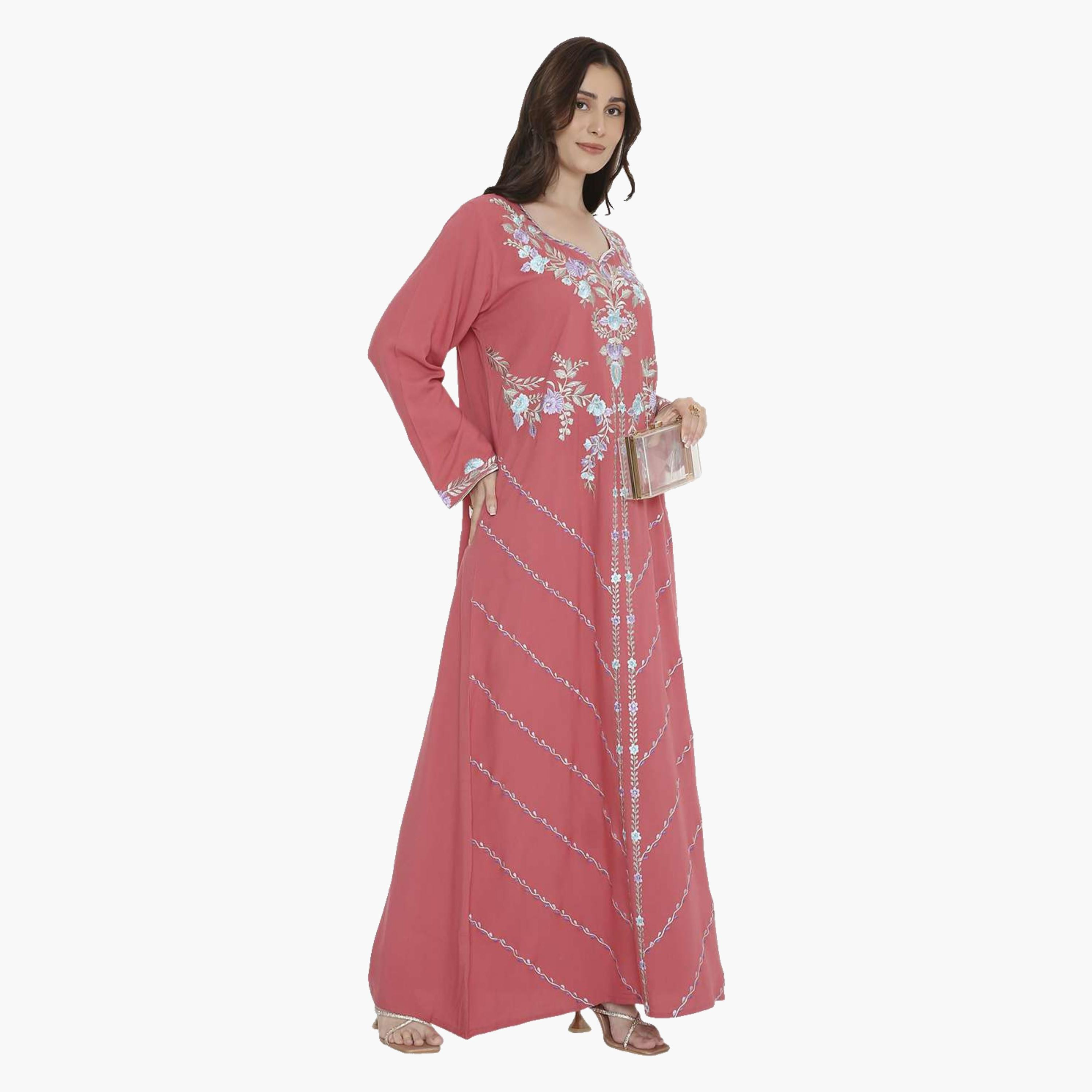 جلابية سهرة نسائية مطرزة بالورود بياقة على شكل فتحة من هانا اند سارة-women-arabicclothing-jalabiyas-image-13