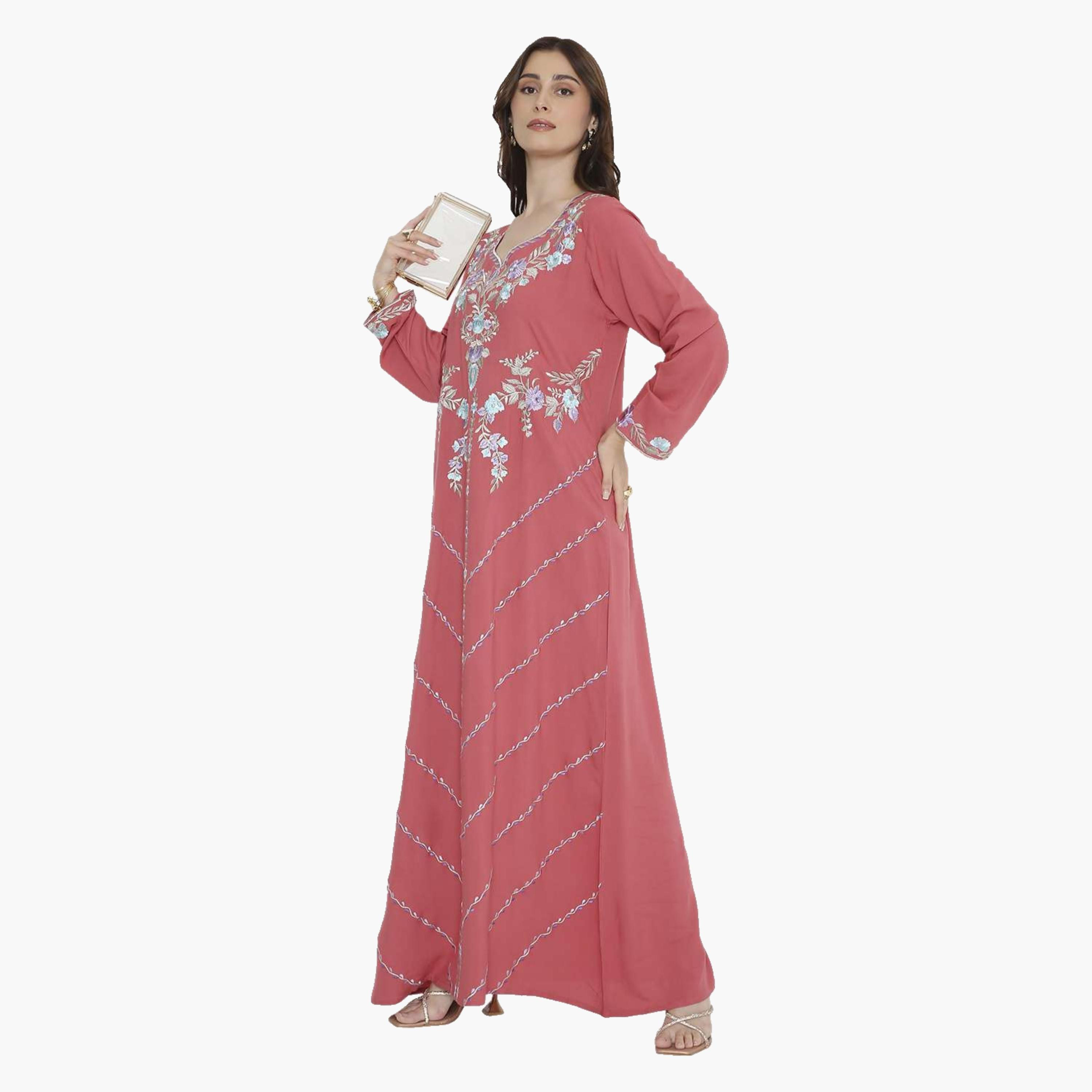 جلابية سهرة نسائية مطرزة بالورود بياقة على شكل فتحة من هانا اند سارة-women-arabicclothing-jalabiyas-image-14