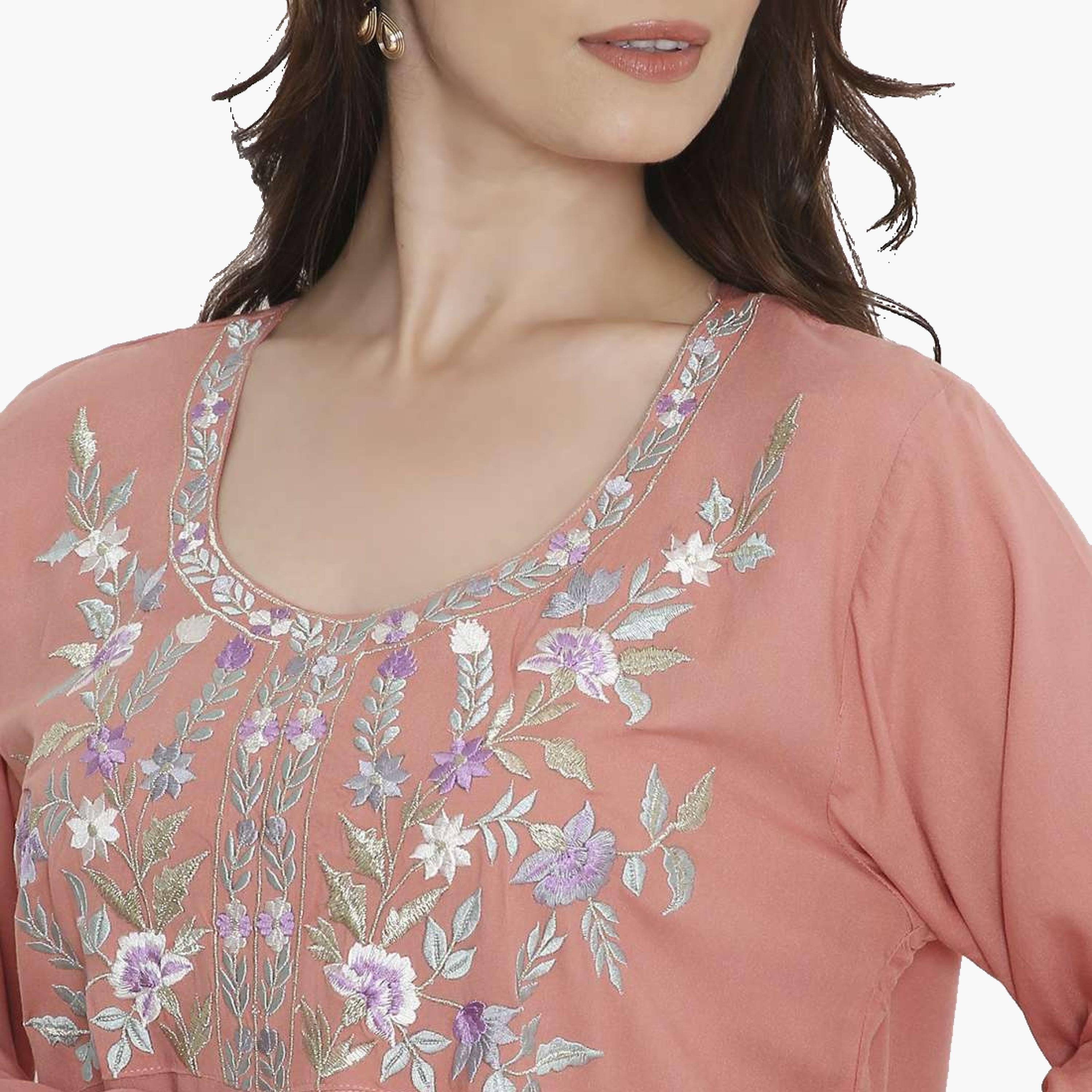 HanaandSara Floral Embroidered Women's Evening Tiered Jalabiya-women-arabicclothing-jalabiyas-image-7