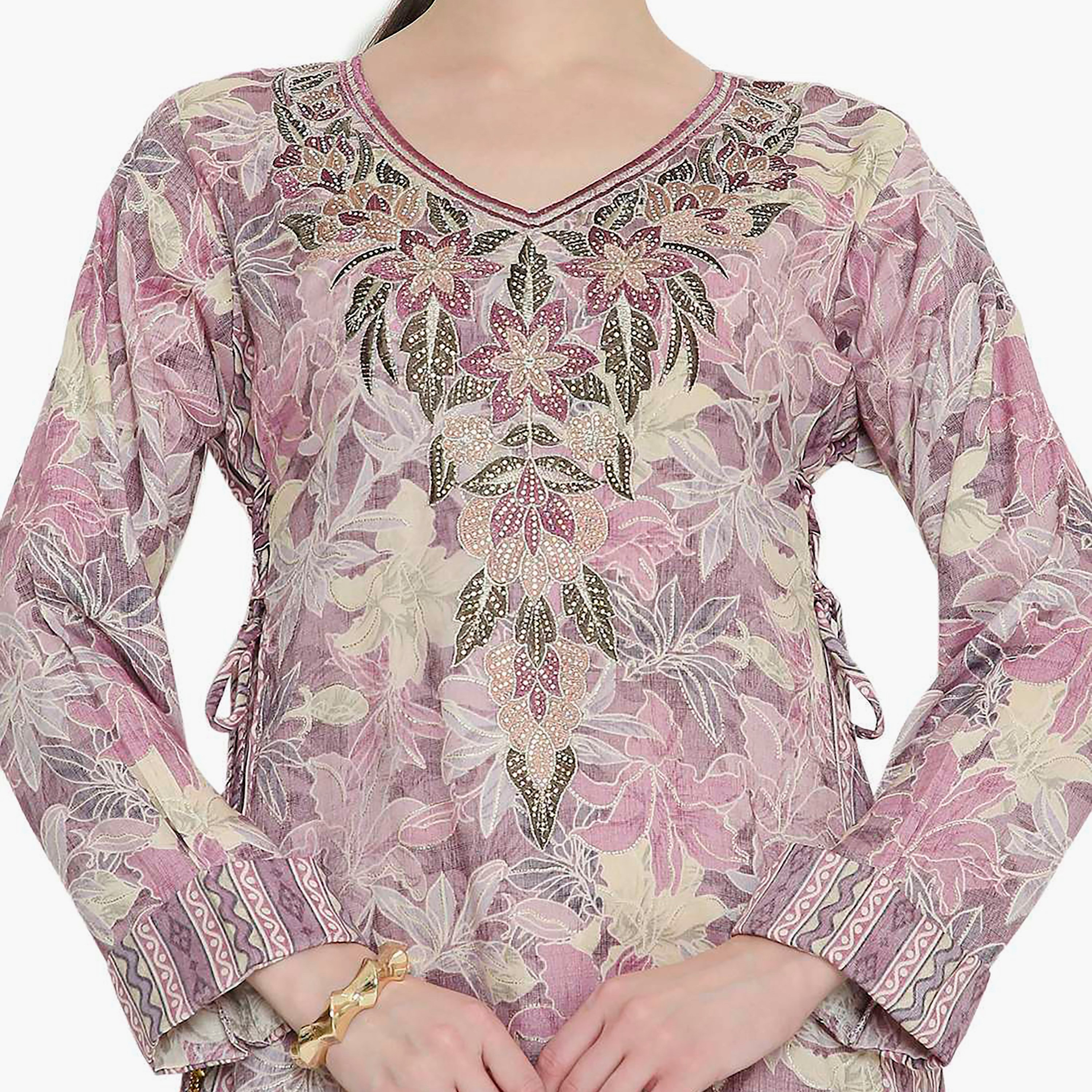 Hana & Sara All Over Floral Printed and Embroidered Women's Jalabiya-women-arabicclothing-jalabiyas-image-2