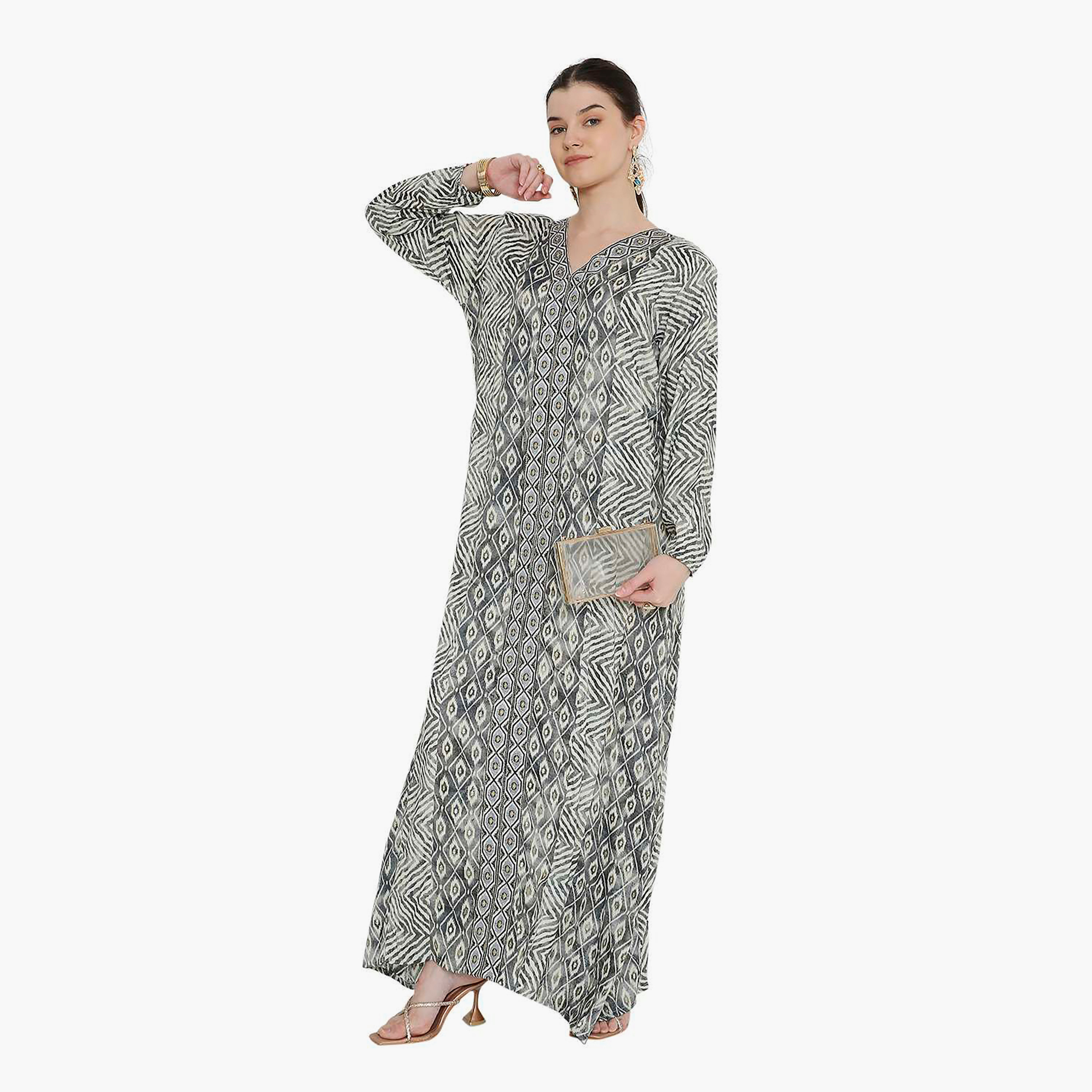 Hana & Sara Chevron Striped and Embroidered Women's Jalabiya-women-arabicclothing-jalabiyas-image-14