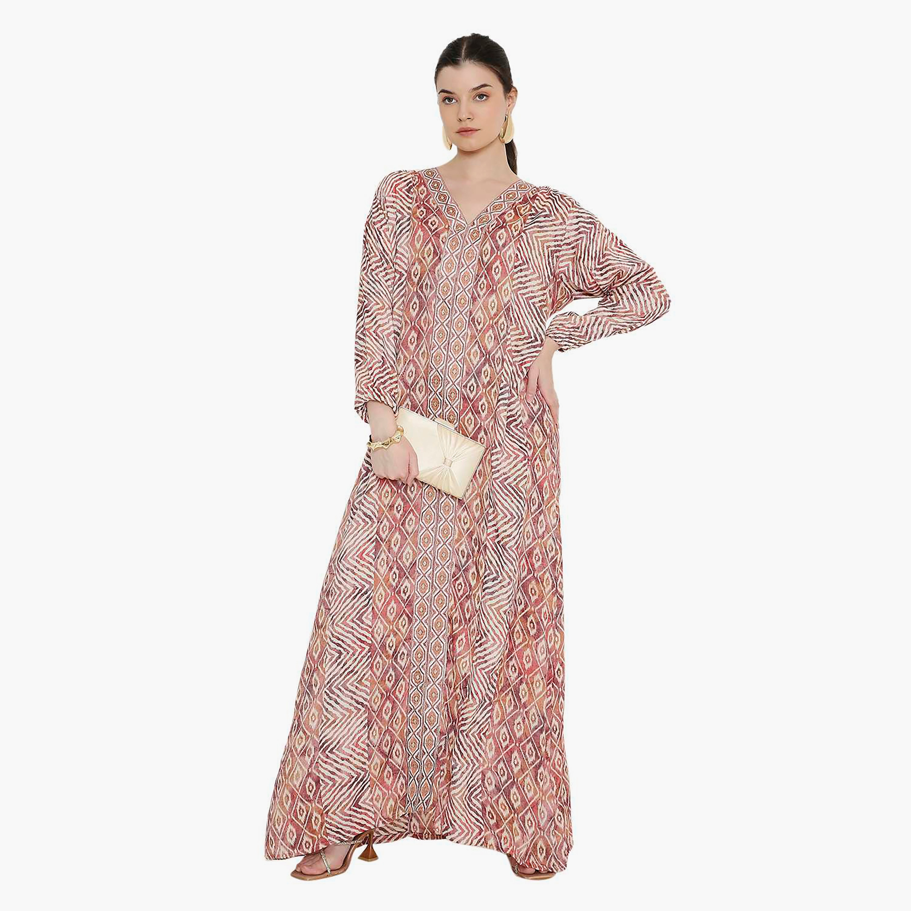 Hana & Sara Chevron Striped and Embroidered Women's Jalabiya-women-arabicclothing-jalabiyas-image-1