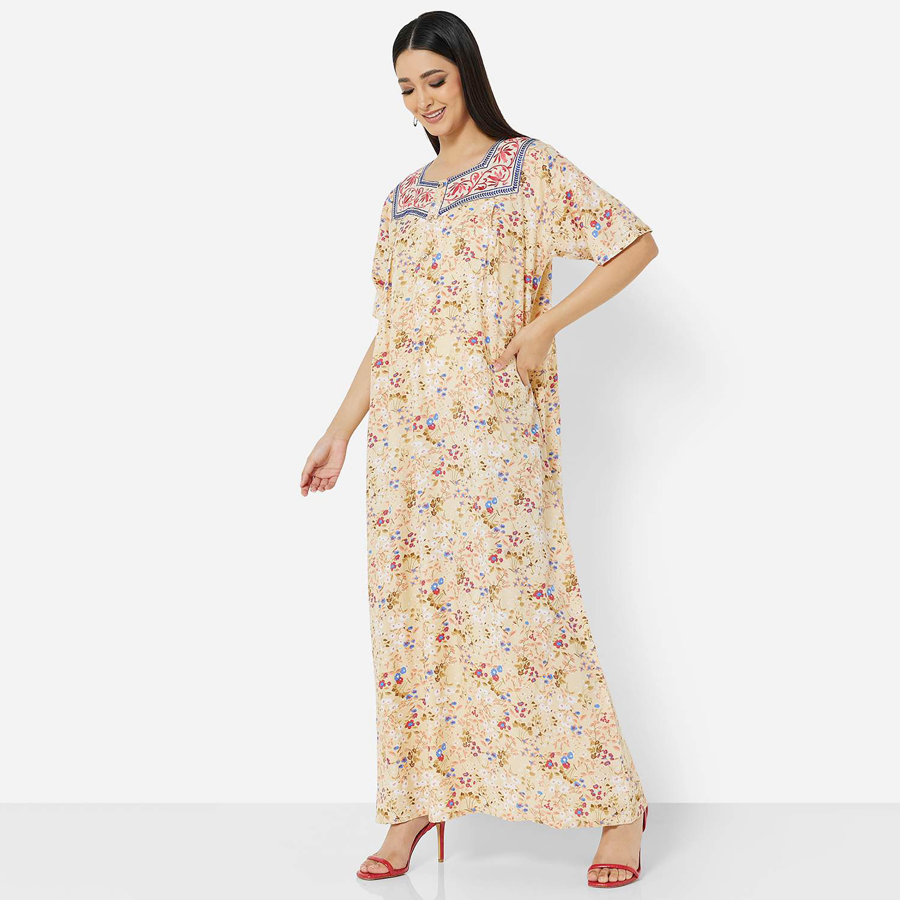 Hana & Sara Yellow Embroidered Square Neck Women's Jalabiya-women-arabicclothing-jalabiyas-image-1