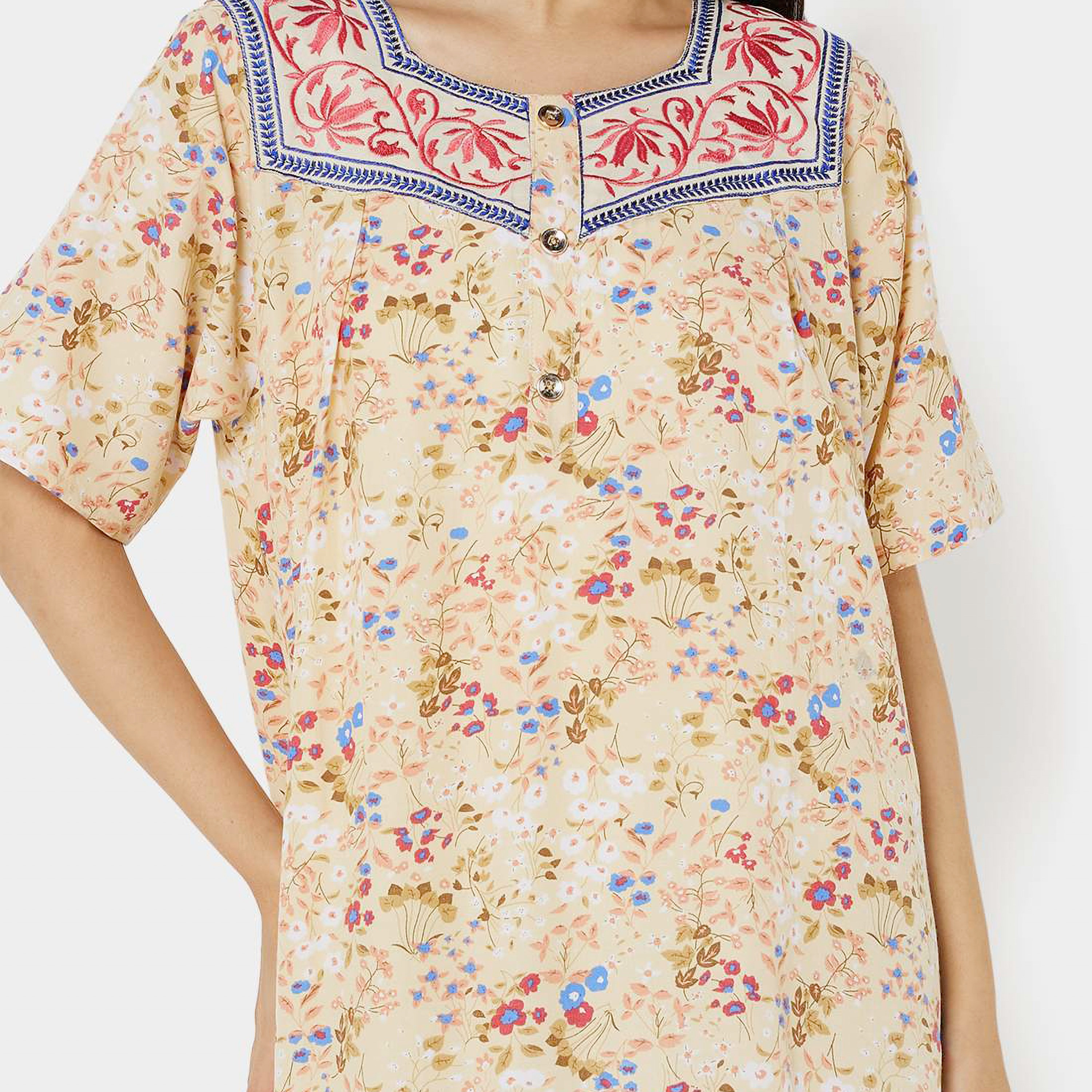 Hana & Sara Yellow Embroidered Square Neck Women's Jalabiya-women-arabicclothing-jalabiyas-image-2