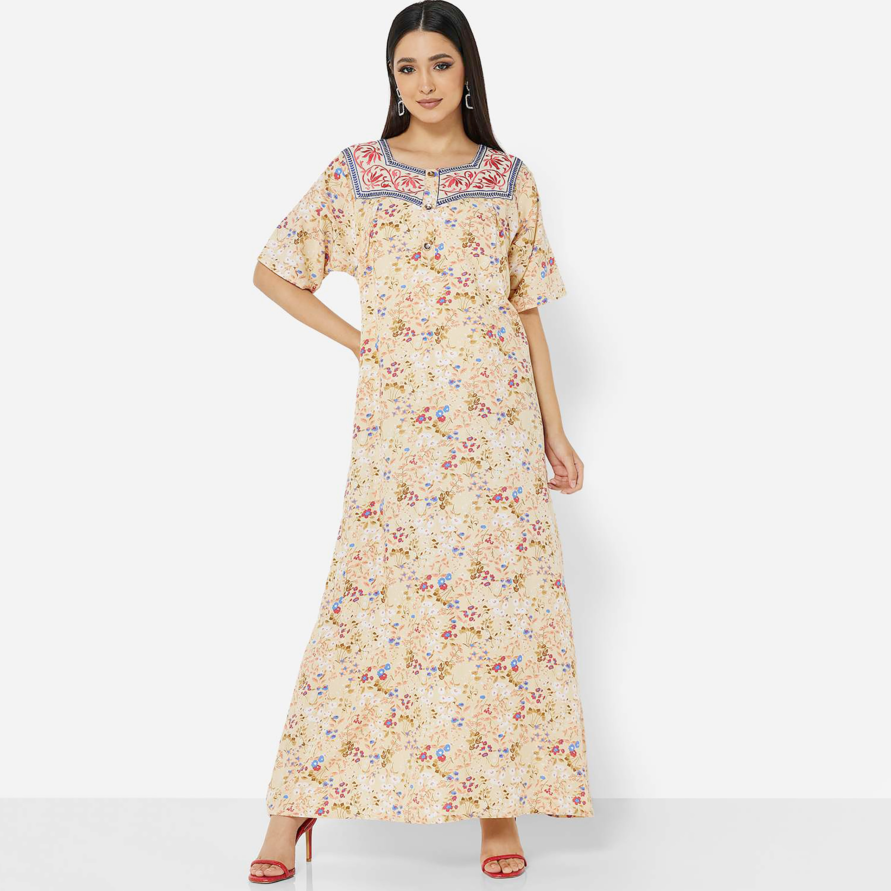 Hana & Sara Yellow Embroidered Square Neck Women's Jalabiya-women-arabicclothing-jalabiyas-image-3