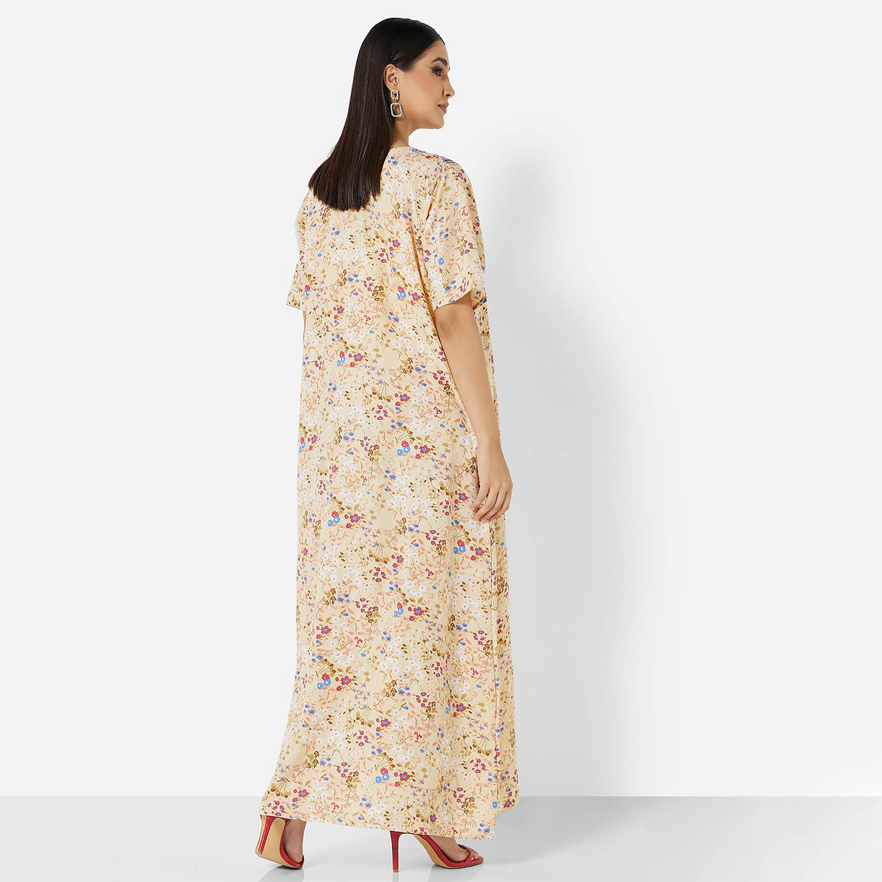 Hana & Sara Yellow Embroidered Square Neck Women's Jalabiya-women-arabicclothing-jalabiyas-image-4
