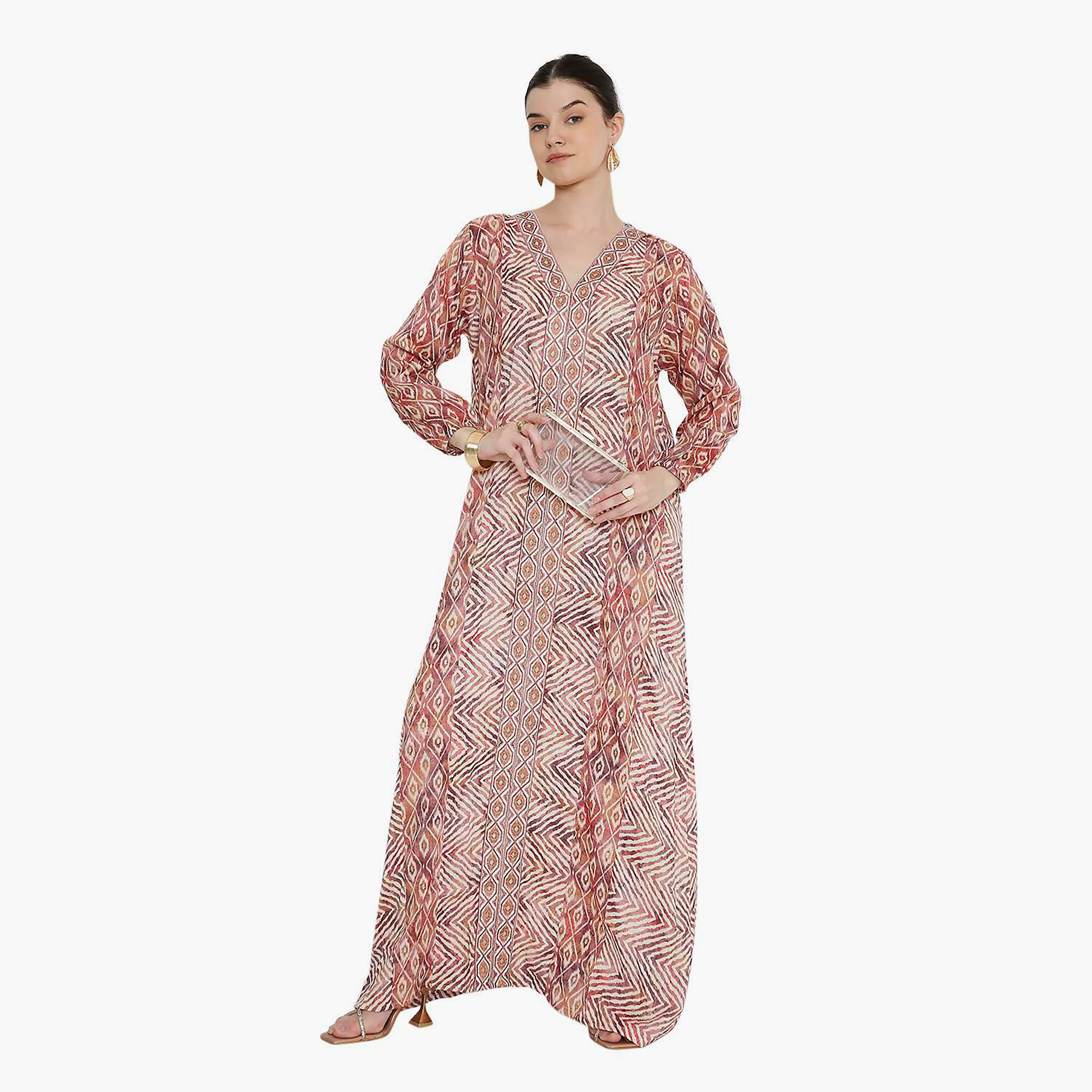 جلابية نسائية مخططة بنقوش شيفرون وتطريز من هانا اند سارة.-women-arabicclothing-jalabiyas-image-1