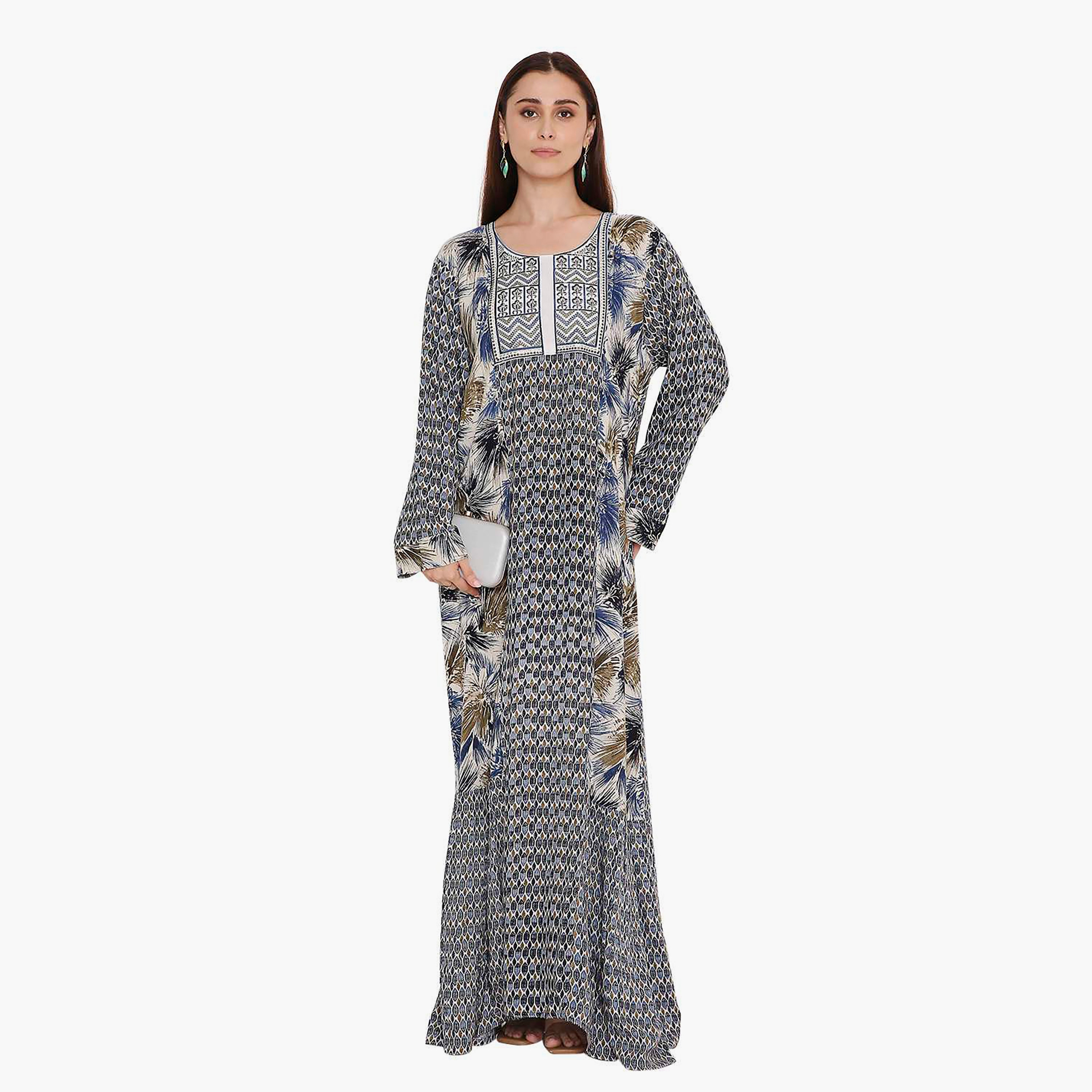 جلابية نسائية بطبعة هندسية وتطريز على الصدر من هانا اند سارة.-women-arabicclothing-jalabiyas-image-1