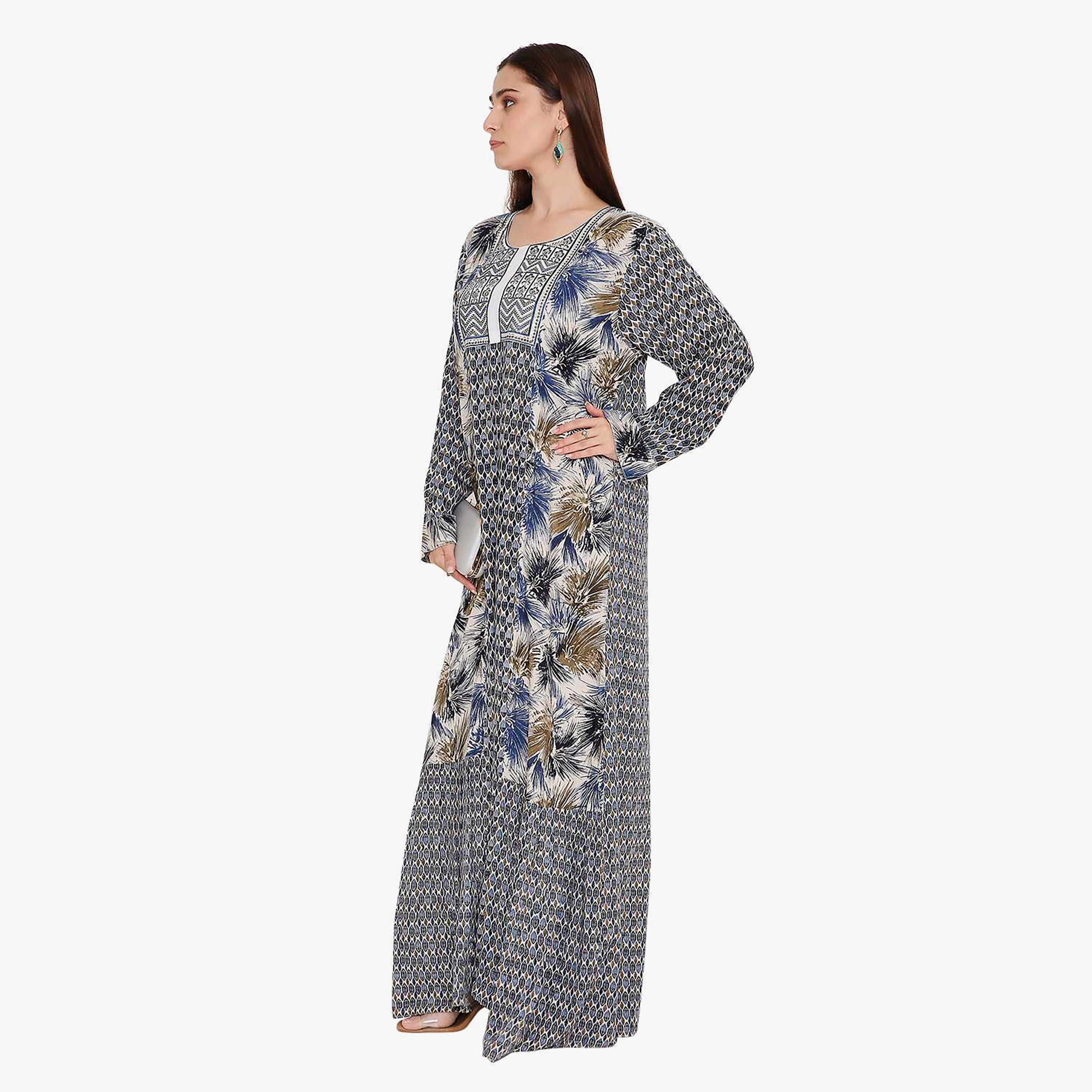 جلابية نسائية بطبعة هندسية وتطريز على الصدر من هانا اند سارة.-women-arabicclothing-jalabiyas-image-4