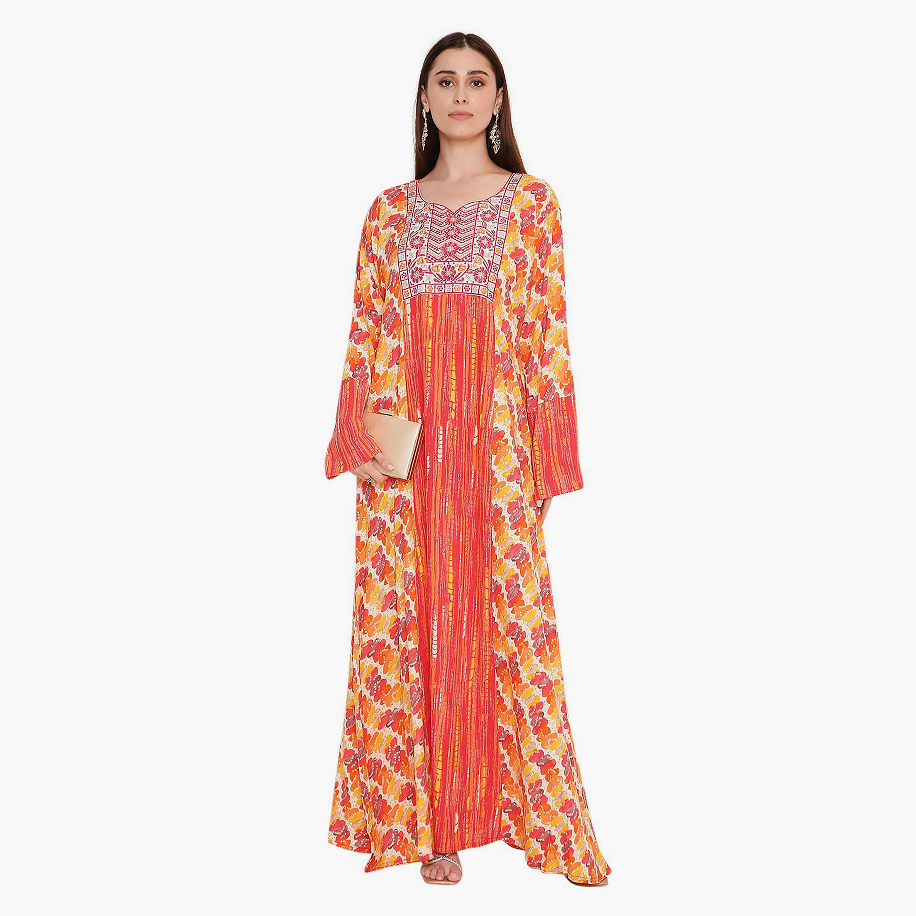 جلابية نسائية مطبوعة ومطرزة على الصدر من هانا اند سارة.-women-arabicclothing-jalabiyas-image-6