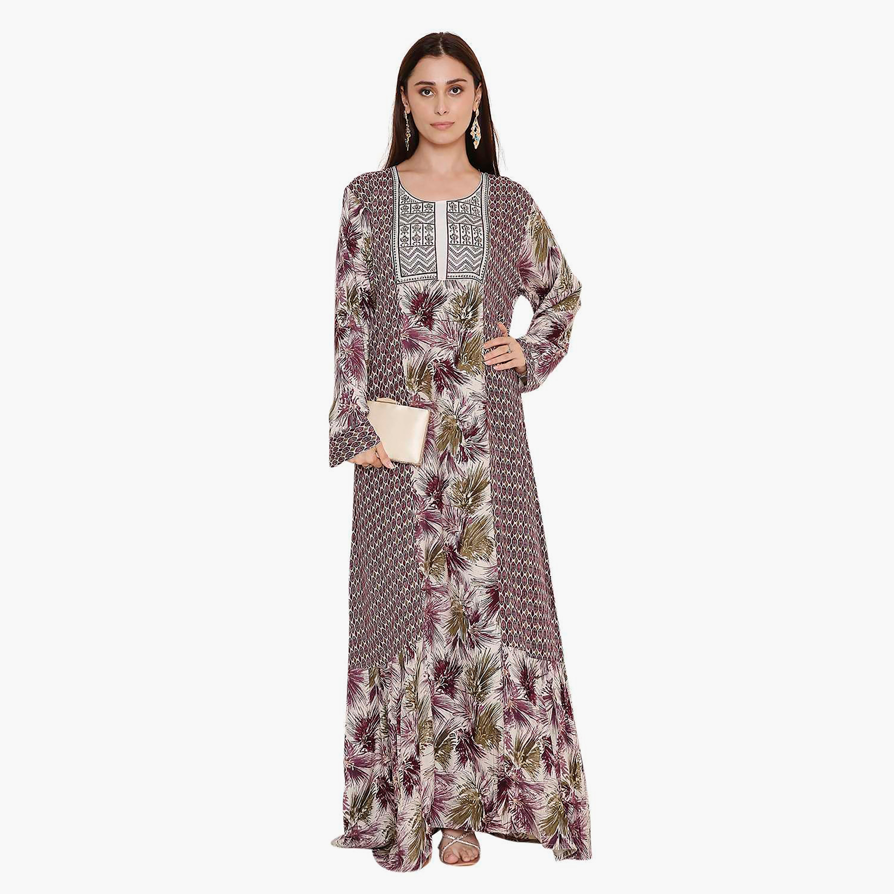 Hana & Sara Purple Geometric Printed and Embroidered Yoke Women's Jalabiya-women-arabicclothing-jalabiyas-image-1