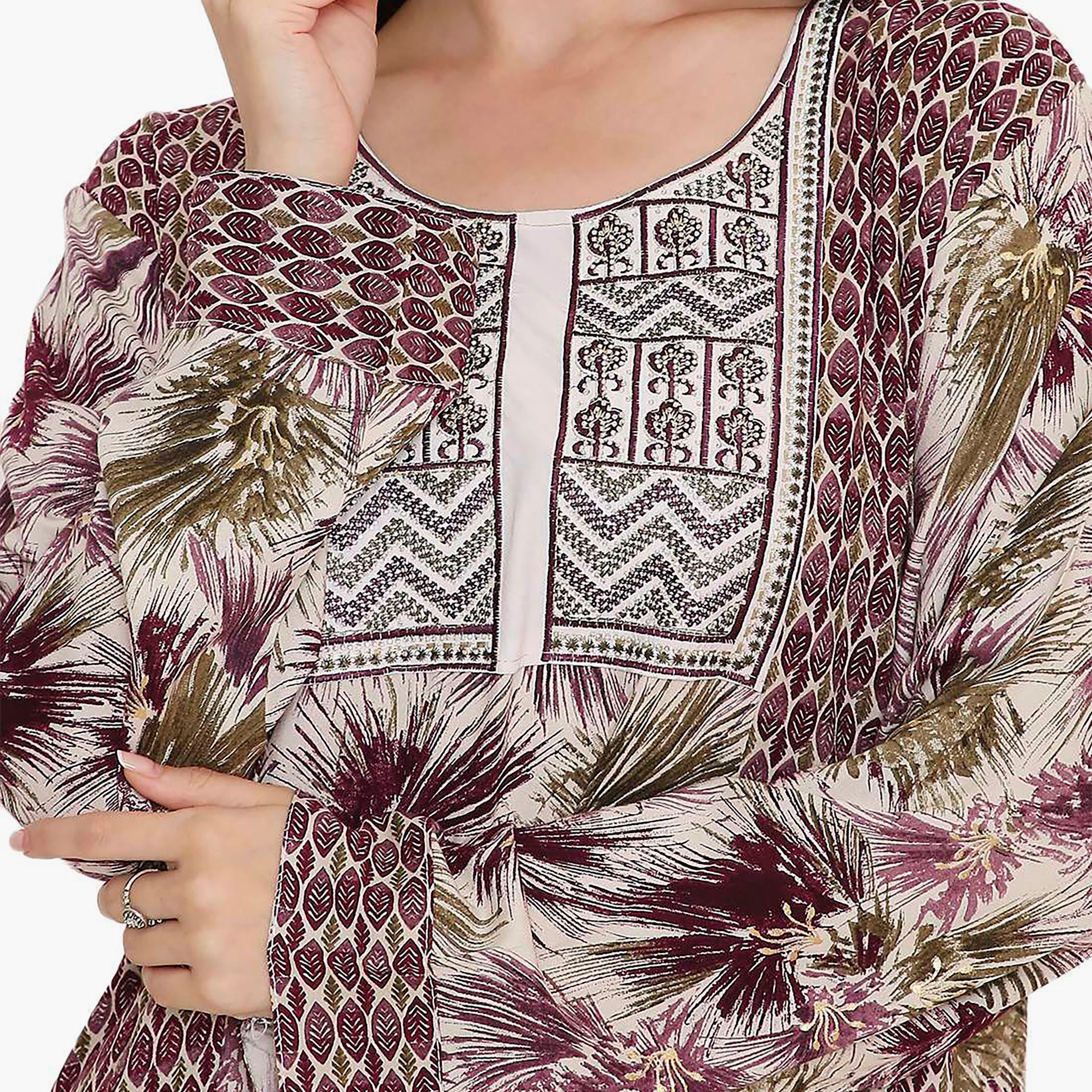 Hana & Sara Purple Geometric Printed and Embroidered Yoke Women's Jalabiya-women-arabicclothing-jalabiyas-image-2
