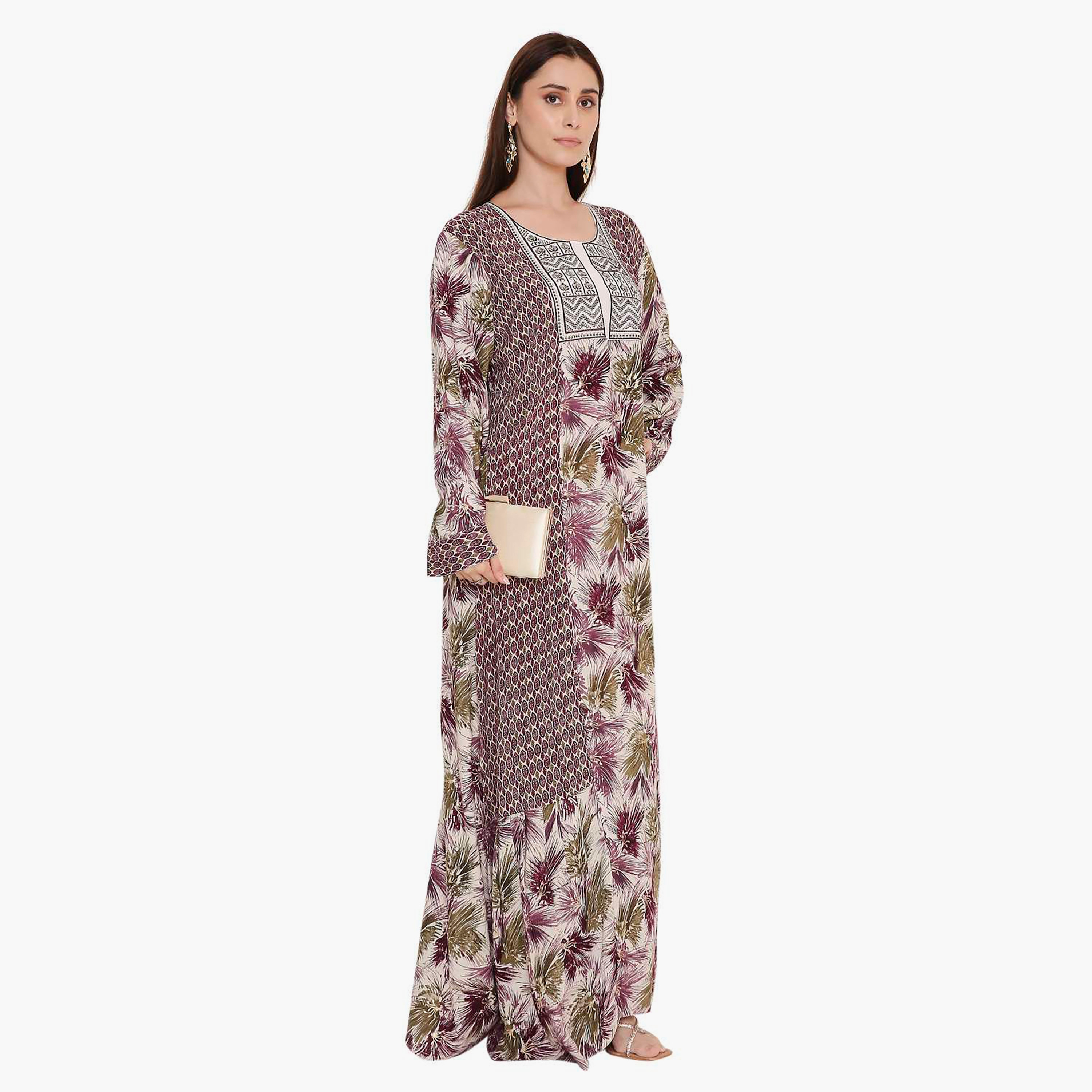 Hana & Sara Purple Geometric Printed and Embroidered Yoke Women's Jalabiya-women-arabicclothing-jalabiyas-image-3