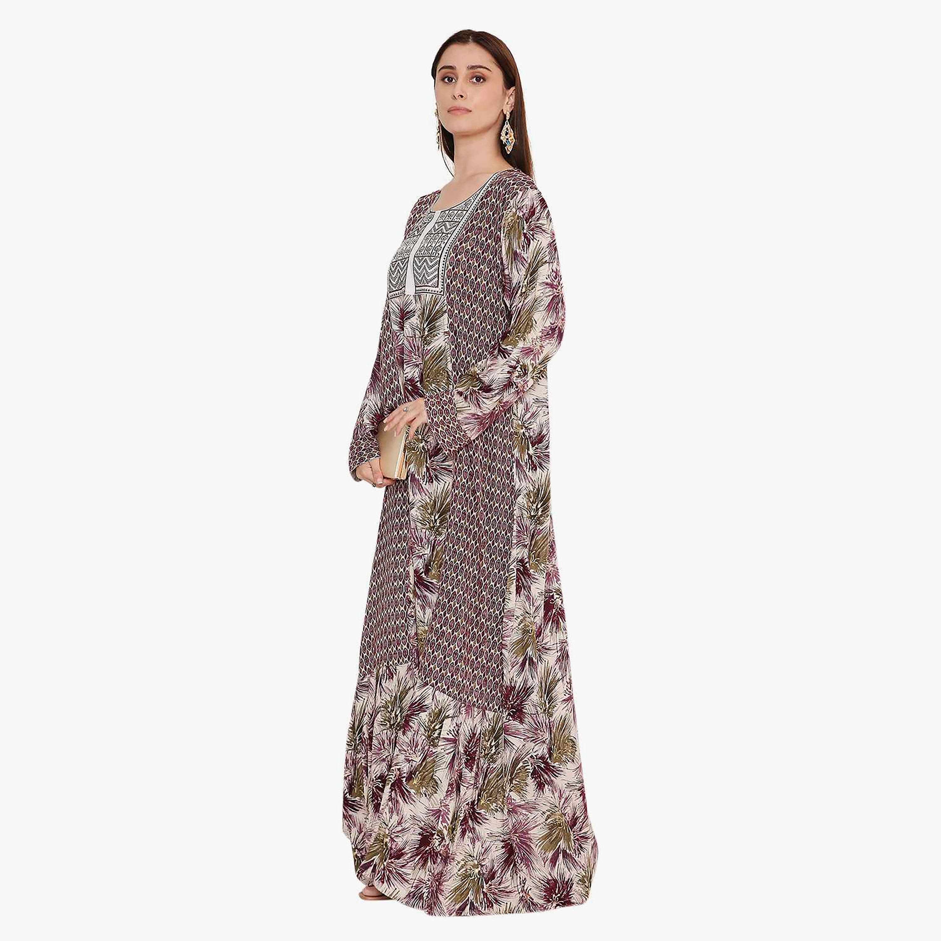 Hana & Sara Purple Geometric Printed and Embroidered Yoke Women's Jalabiya-women-arabicclothing-jalabiyas-image-4
