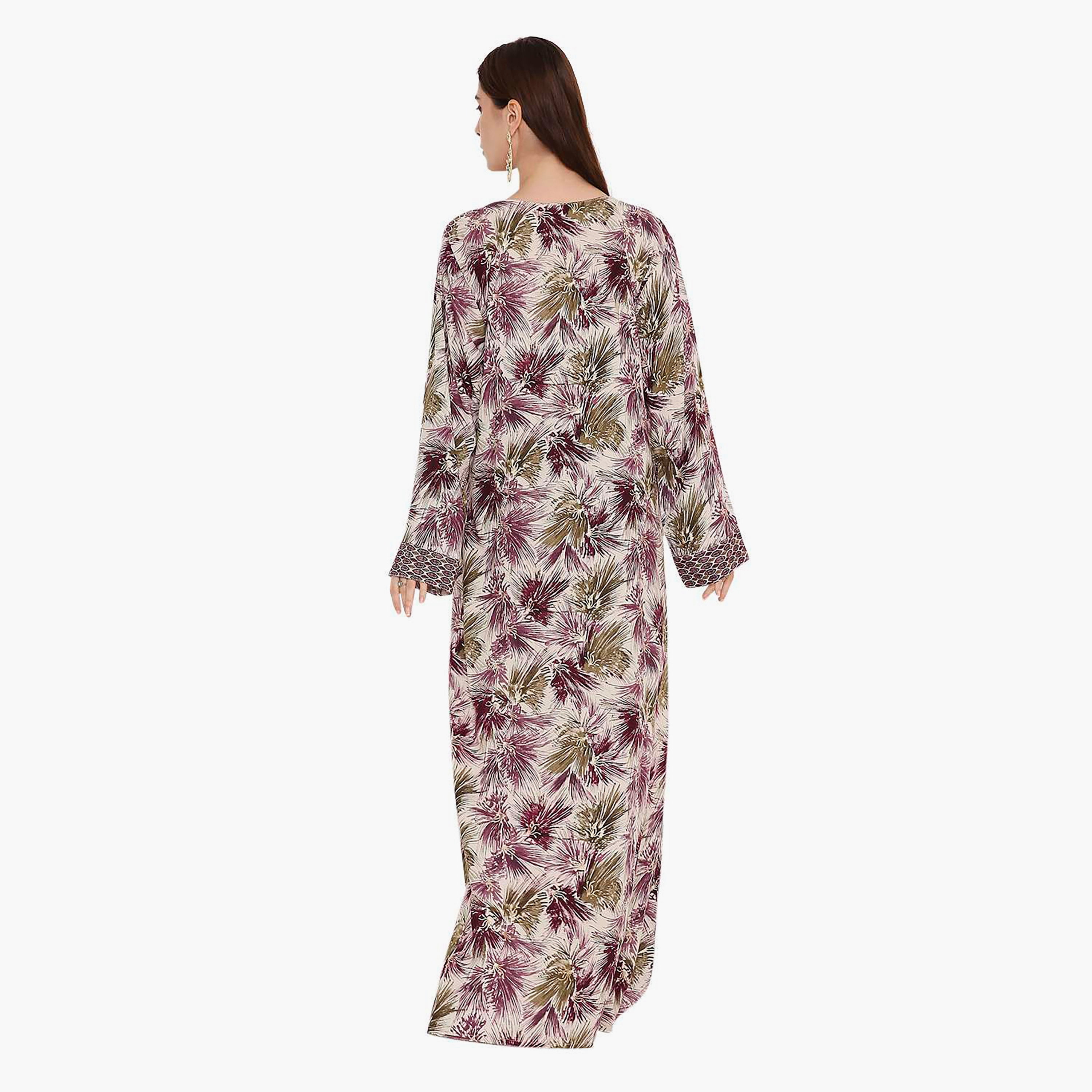 Hana & Sara Purple Geometric Printed and Embroidered Yoke Women's Jalabiya-women-arabicclothing-jalabiyas-image-5