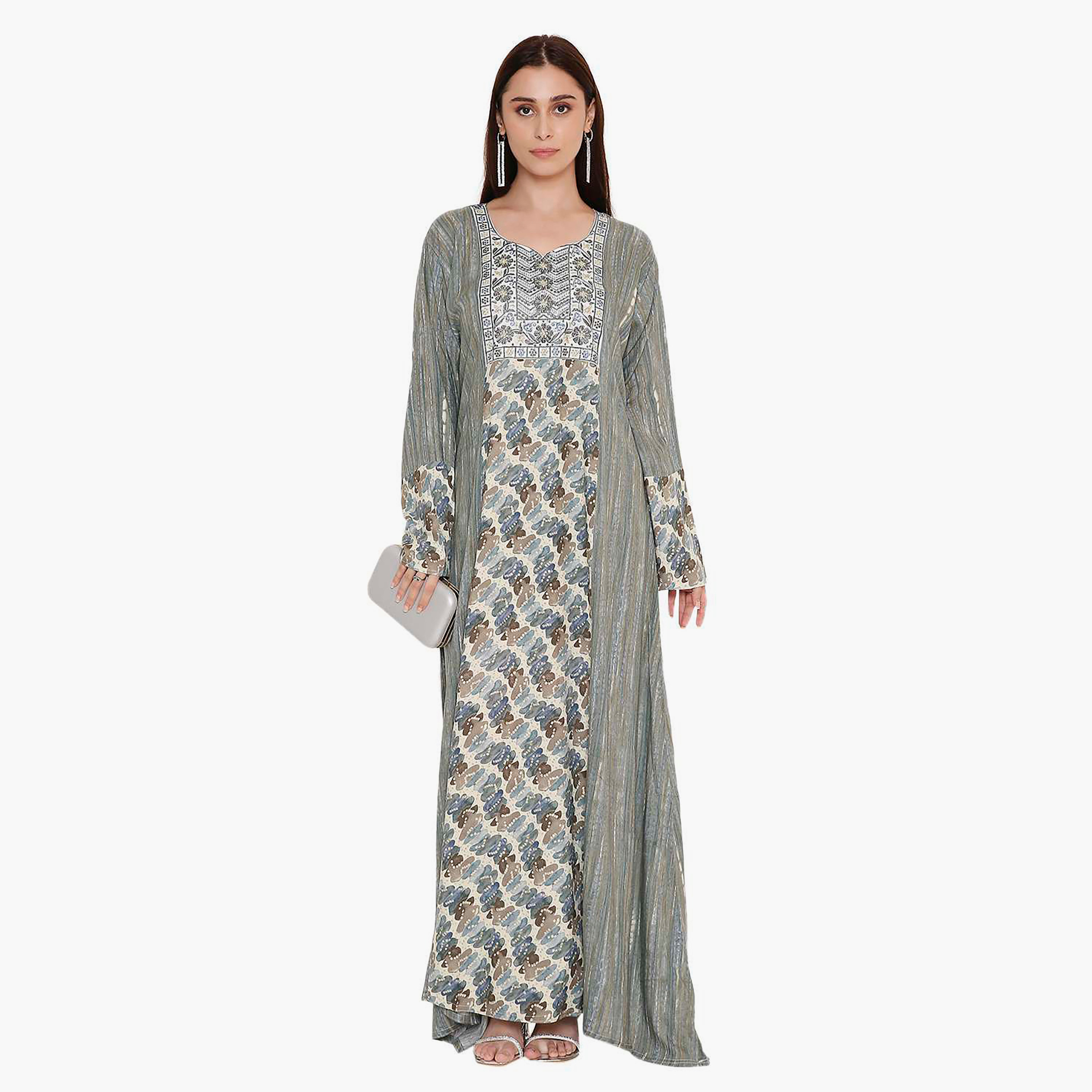 Hana & Sara Grey Printed and Embroidered Yoke Women's Jalabiya-women-arabicclothing-jalabiyas-image-1