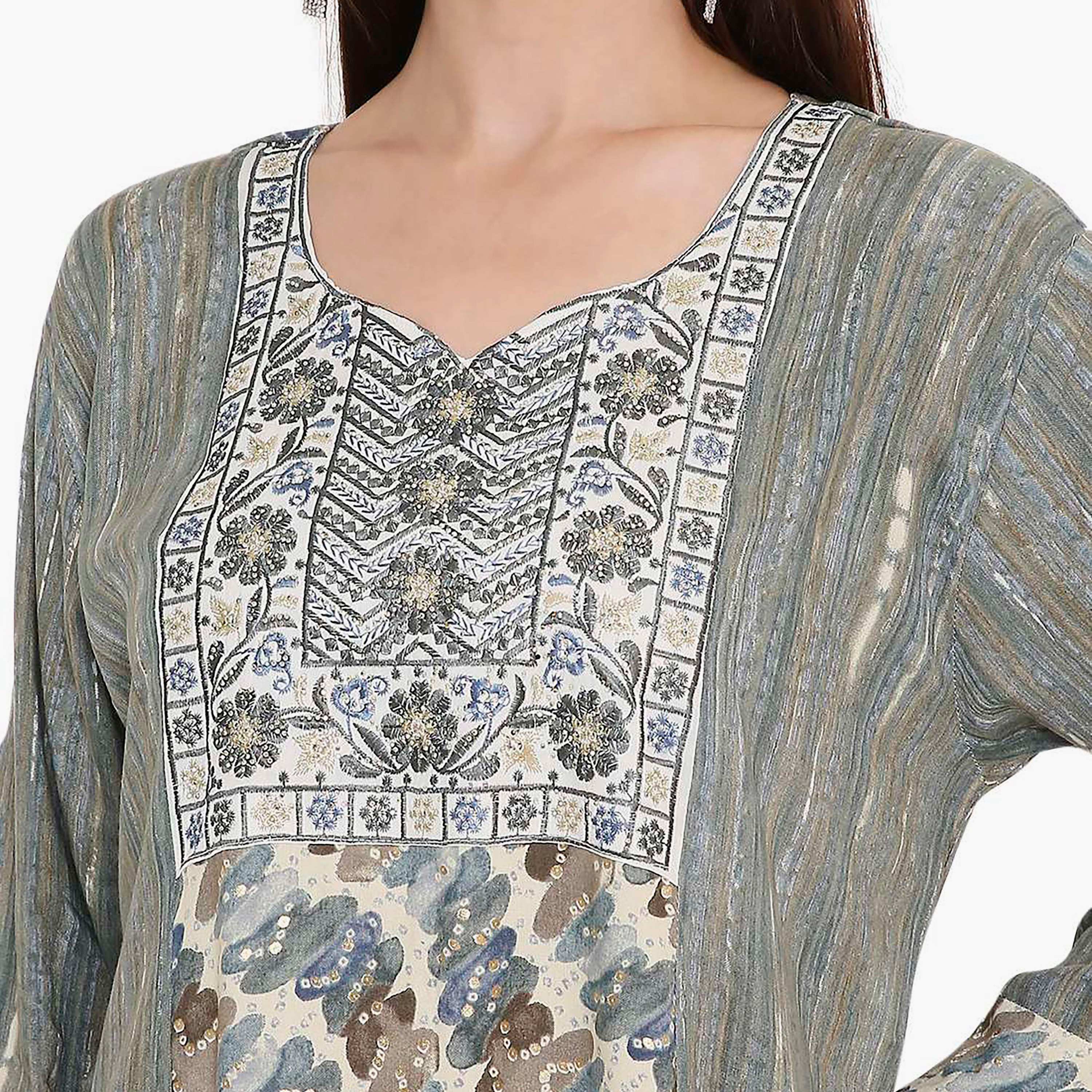 Hana & Sara Grey Printed and Embroidered Yoke Women's Jalabiya-women-arabicclothing-jalabiyas-image-2