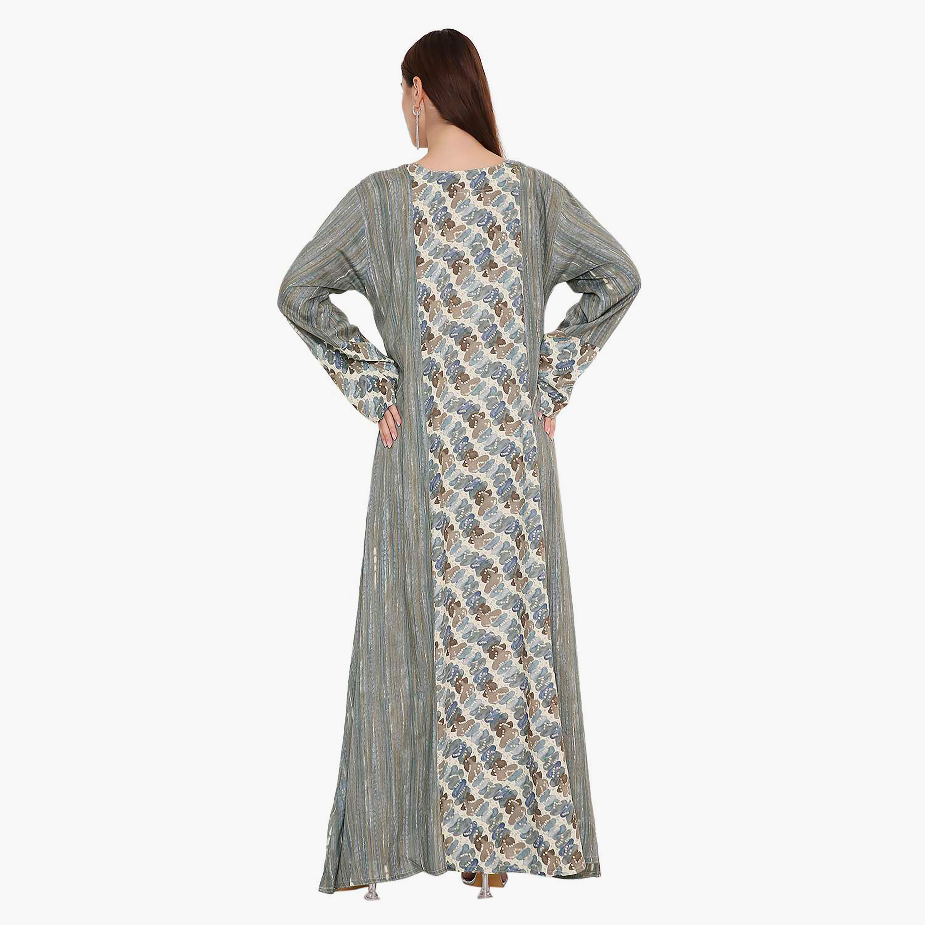 جلابية نسائية رمادية مطبوعة ومطرزة على الصدر من هانا اند سارة.-women-arabicclothing-jalabiyas-image-5