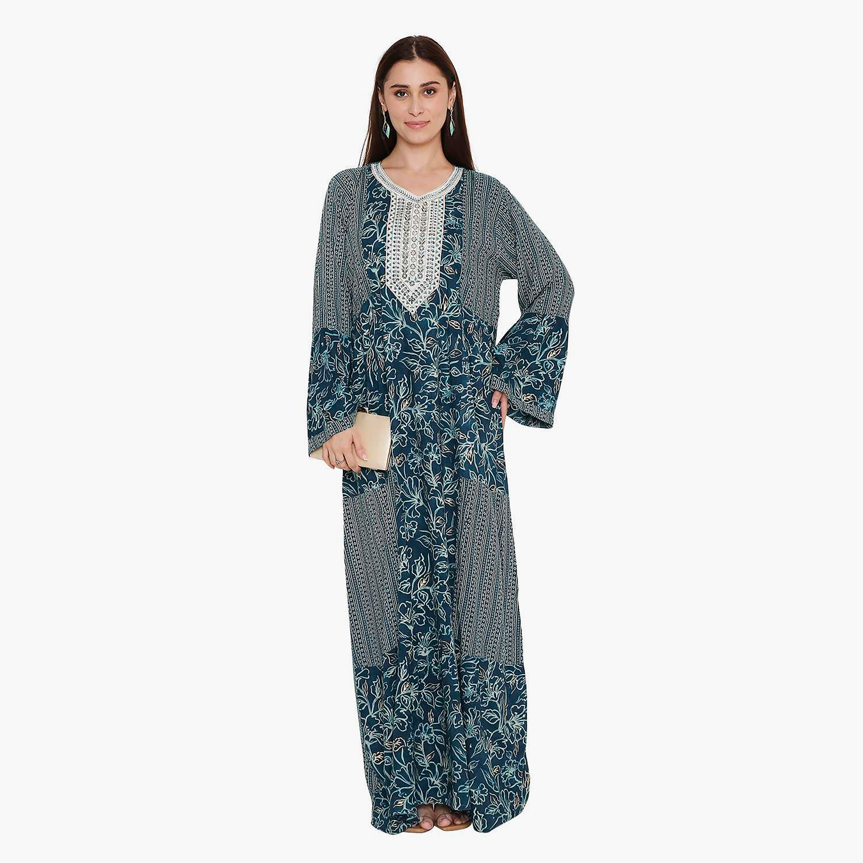 Hana & Sara Green Flared Sleeves Floral Printed and Embroidered Yoke Women's Jalabiya-women-arabicclothing-jalabiyas-image-1