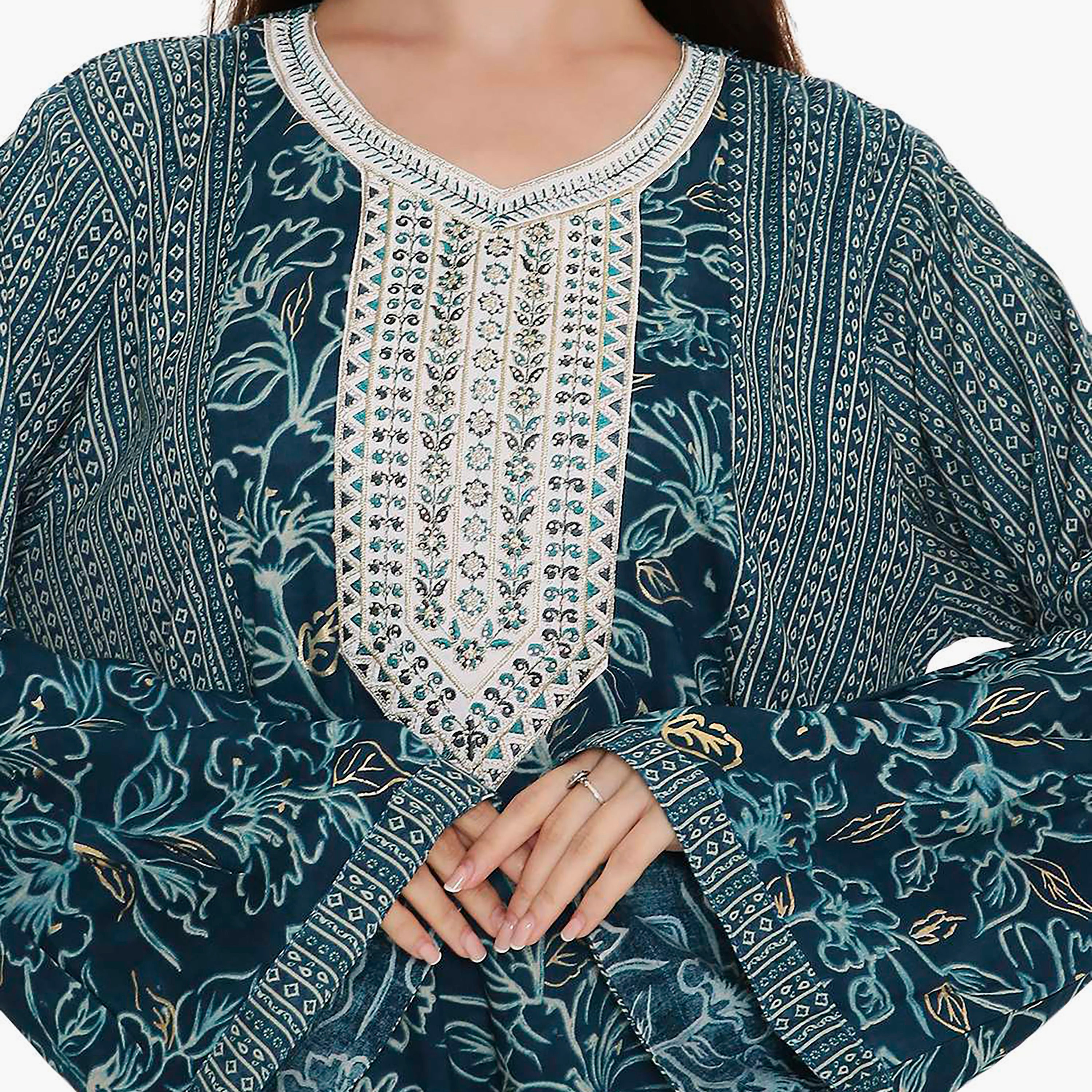 Hana & Sara Green Flared Sleeves Floral Printed and Embroidered Yoke Women's Jalabiya-women-arabicclothing-jalabiyas-image-2