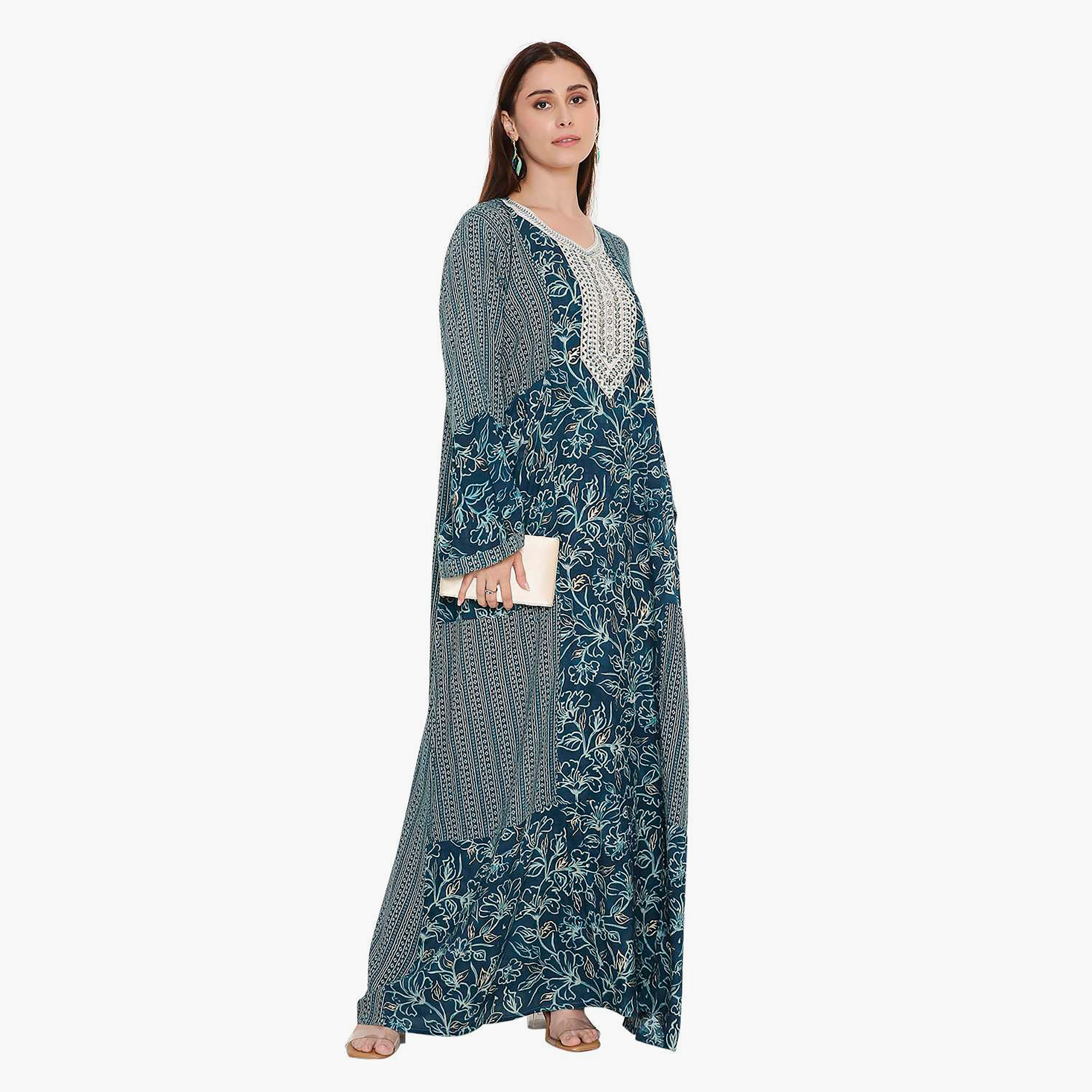 Hana & Sara Green Flared Sleeves Floral Printed and Embroidered Yoke Women's Jalabiya-women-arabicclothing-jalabiyas-image-3